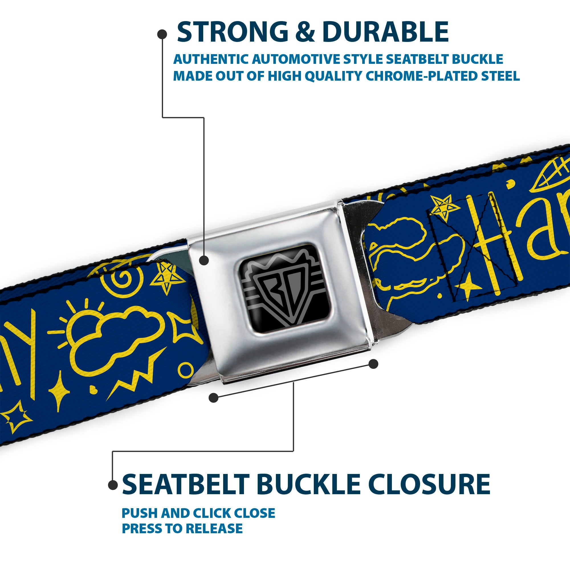 BD Wings Logo CLOSE-UP Black/Silver Seatbelt Belt - HARMONY BALANCE LIFE Icons Collage Blue/Yellow Webbing Seatbelt Belts Buckle-Down