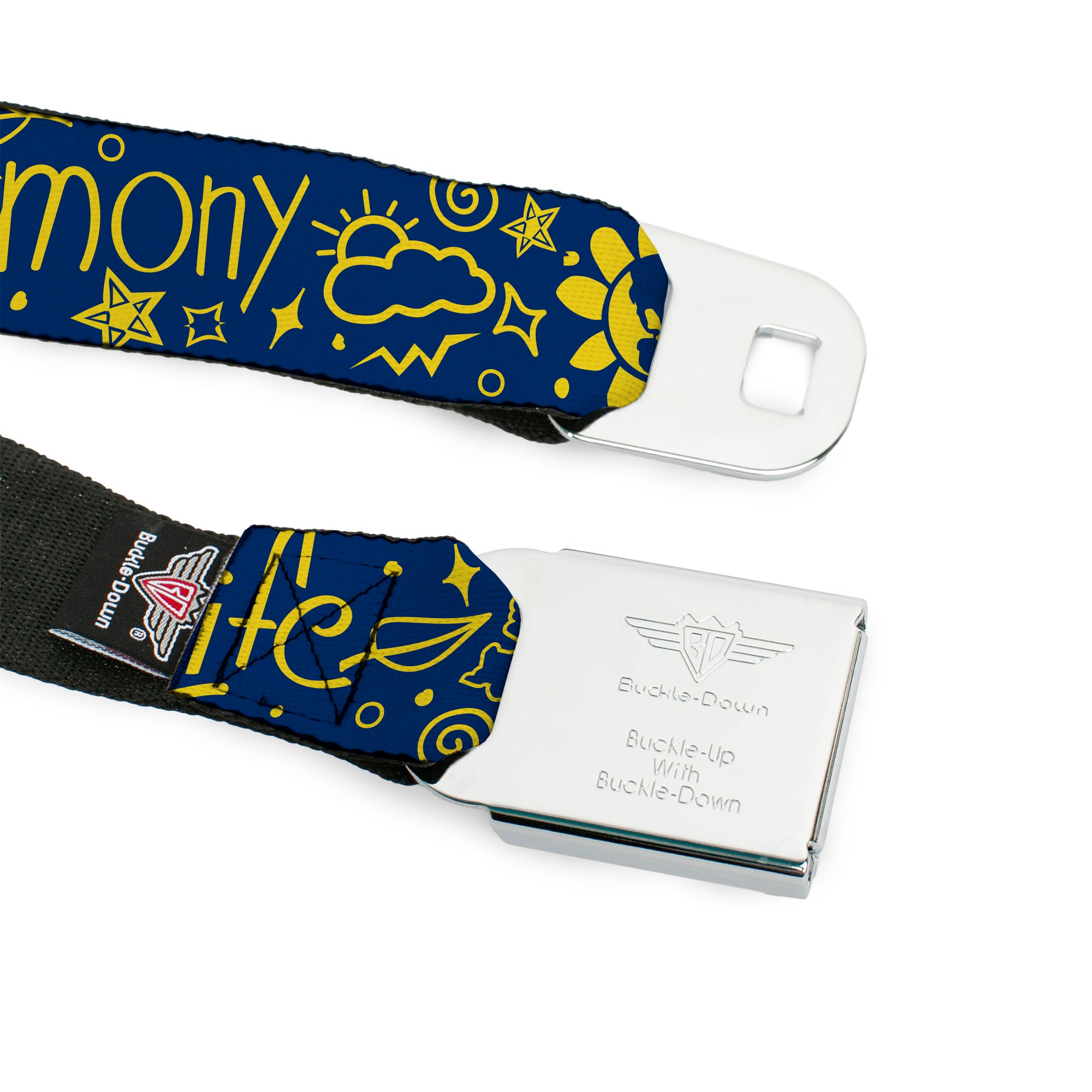BD Wings Logo CLOSE-UP Black/Silver Seatbelt Belt - HARMONY BALANCE LIFE Icons Collage Blue/Yellow Webbing Seatbelt Belts Buckle-Down