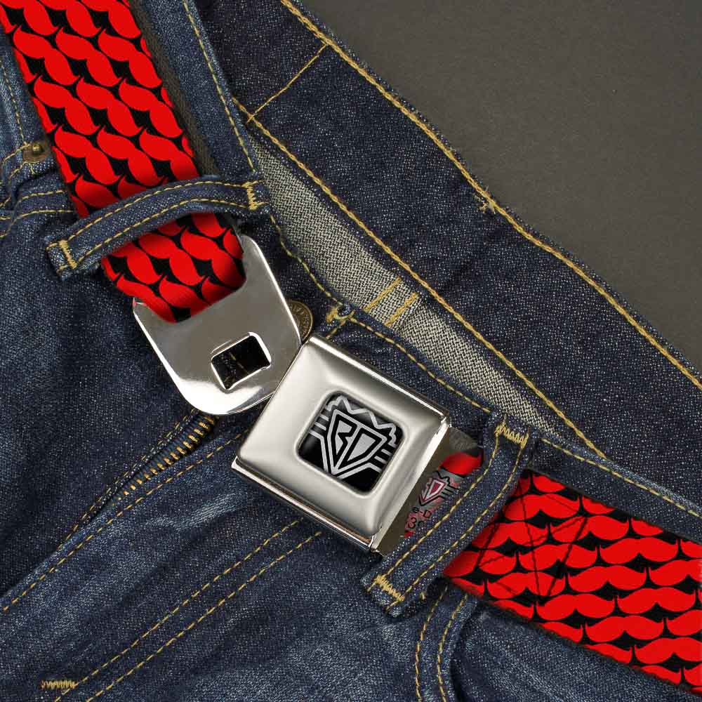 BD Wings Logo CLOSE-UP Full Color Black Silver Seatbelt Belt - Mustache Monogram Black/Red Webbing Seatbelt Belts Buckle-Down