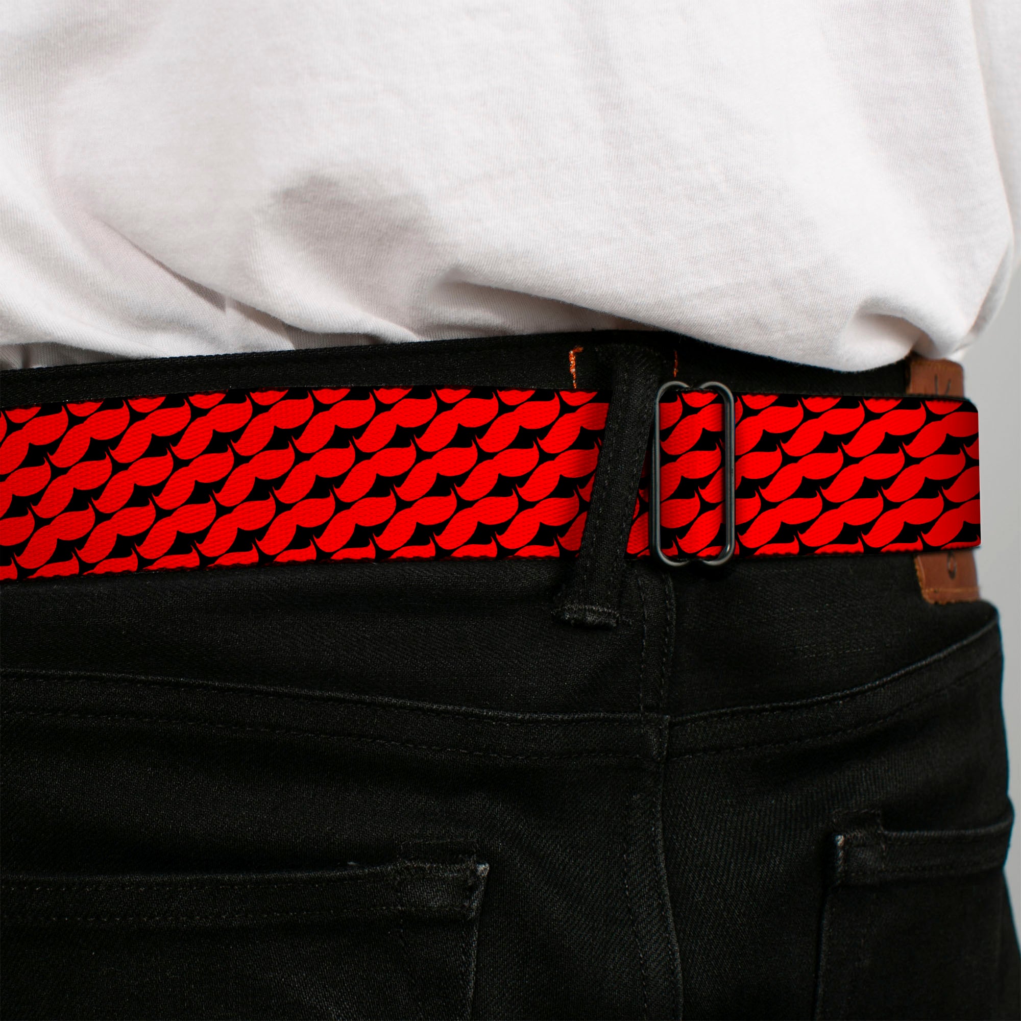 BD Wings Logo CLOSE-UP Full Color Black Silver Seatbelt Belt - Mustache Monogram Black/Red Webbing Seatbelt Belts Buckle-Down