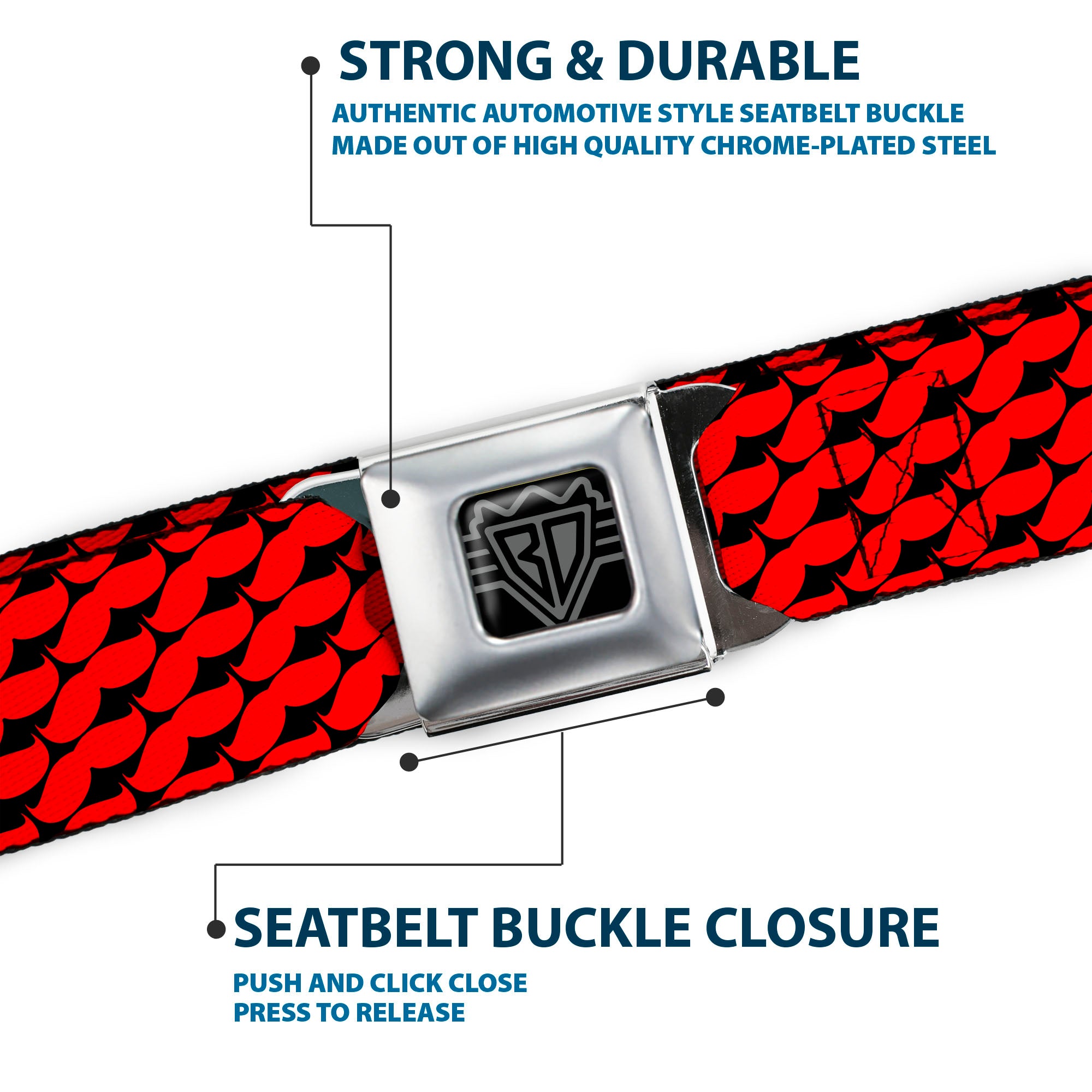 BD Wings Logo CLOSE-UP Full Color Black Silver Seatbelt Belt - Mustache Monogram Black/Red Webbing Seatbelt Belts Buckle-Down