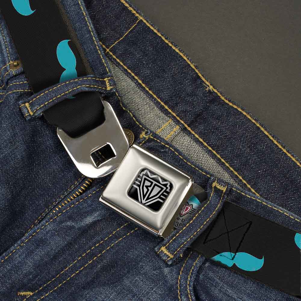 BD Wings Logo CLOSE-UP Full Color Black Silver Seatbelt Belt - Mustaches Scattered Black/Turquoise Webbing Seatbelt Belts Buckle-Down