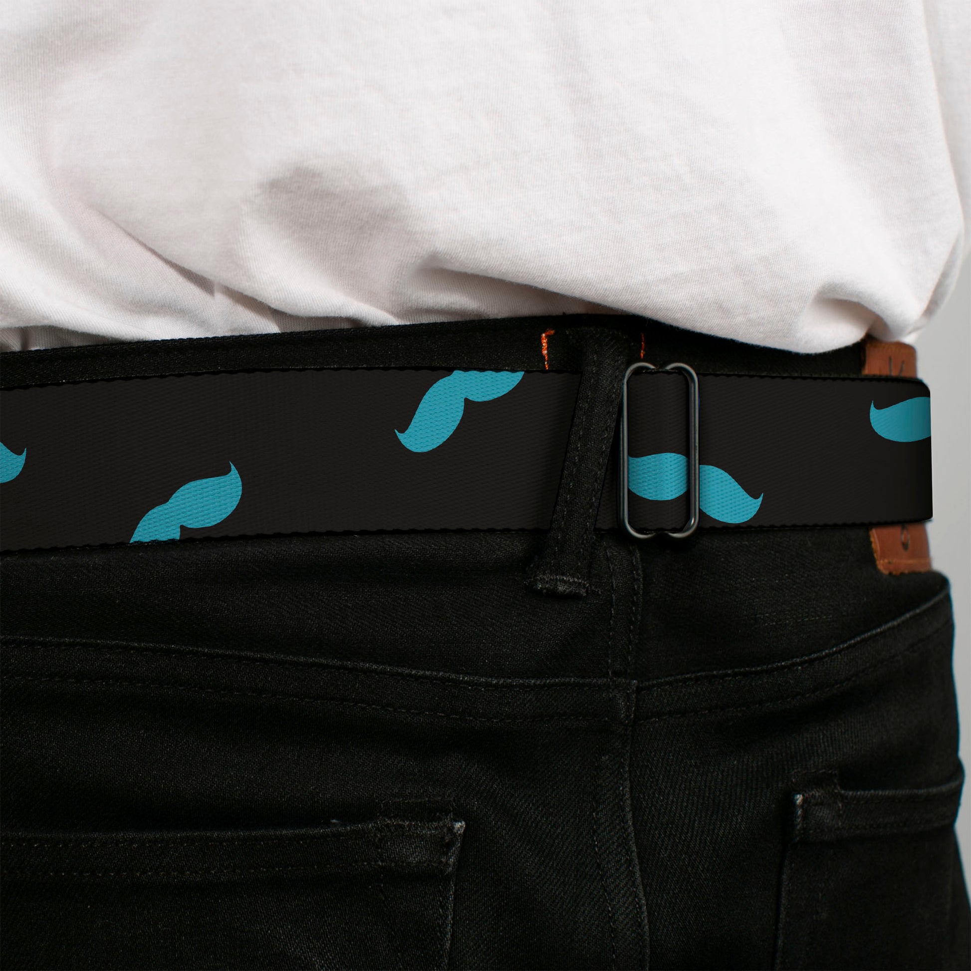 BD Wings Logo CLOSE-UP Full Color Black Silver Seatbelt Belt - Mustaches Scattered Black/Turquoise Webbing Seatbelt Belts Buckle-Down