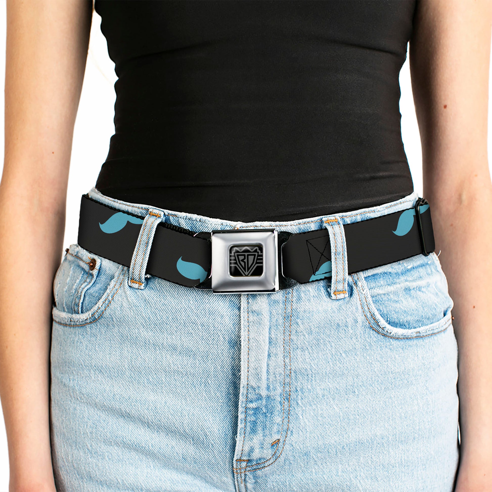 BD Wings Logo CLOSE-UP Full Color Black Silver Seatbelt Belt - Mustaches Scattered Black/Turquoise Webbing Seatbelt Belts Buckle-Down