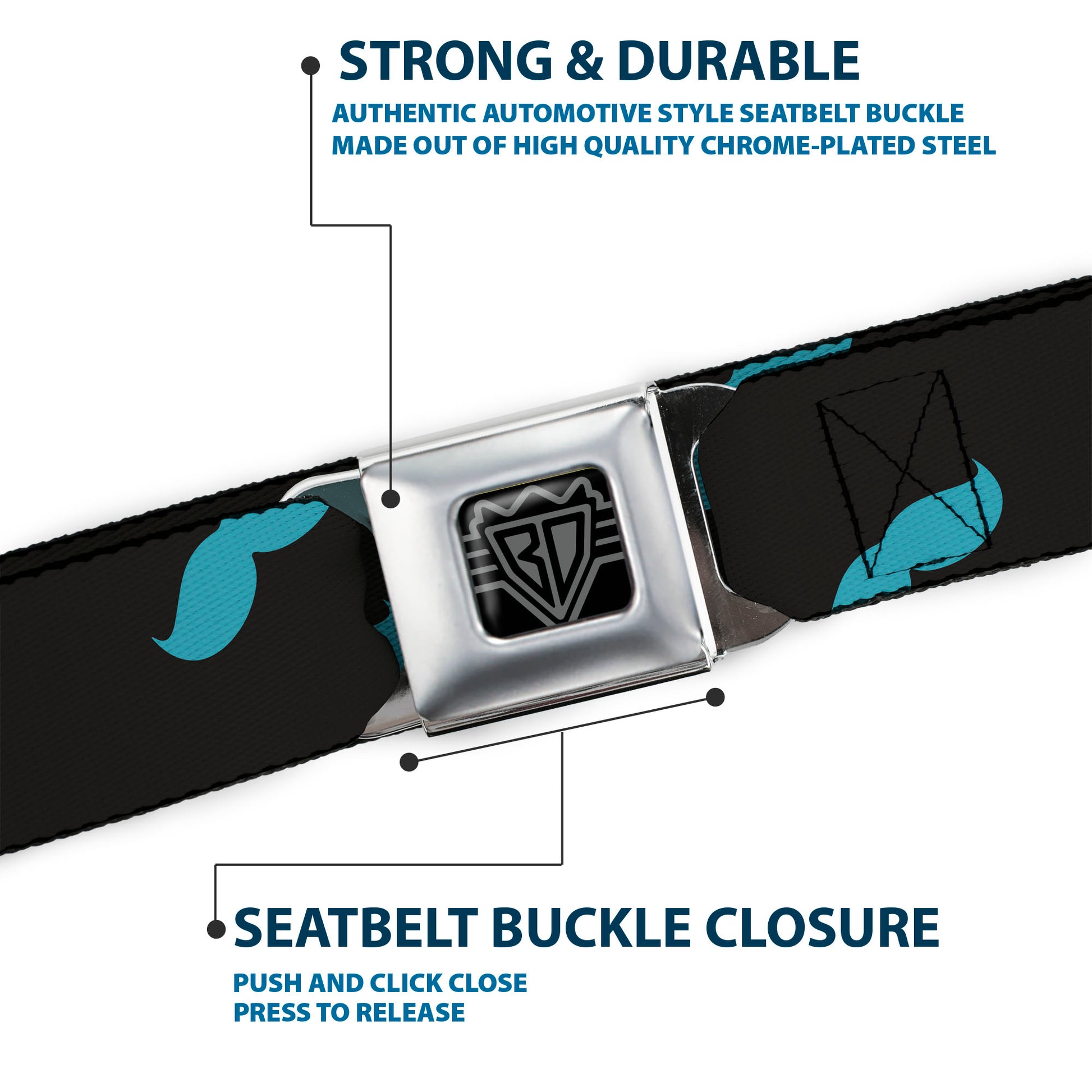 BD Wings Logo CLOSE-UP Full Color Black Silver Seatbelt Belt - Mustaches Scattered Black/Turquoise Webbing Seatbelt Belts Buckle-Down