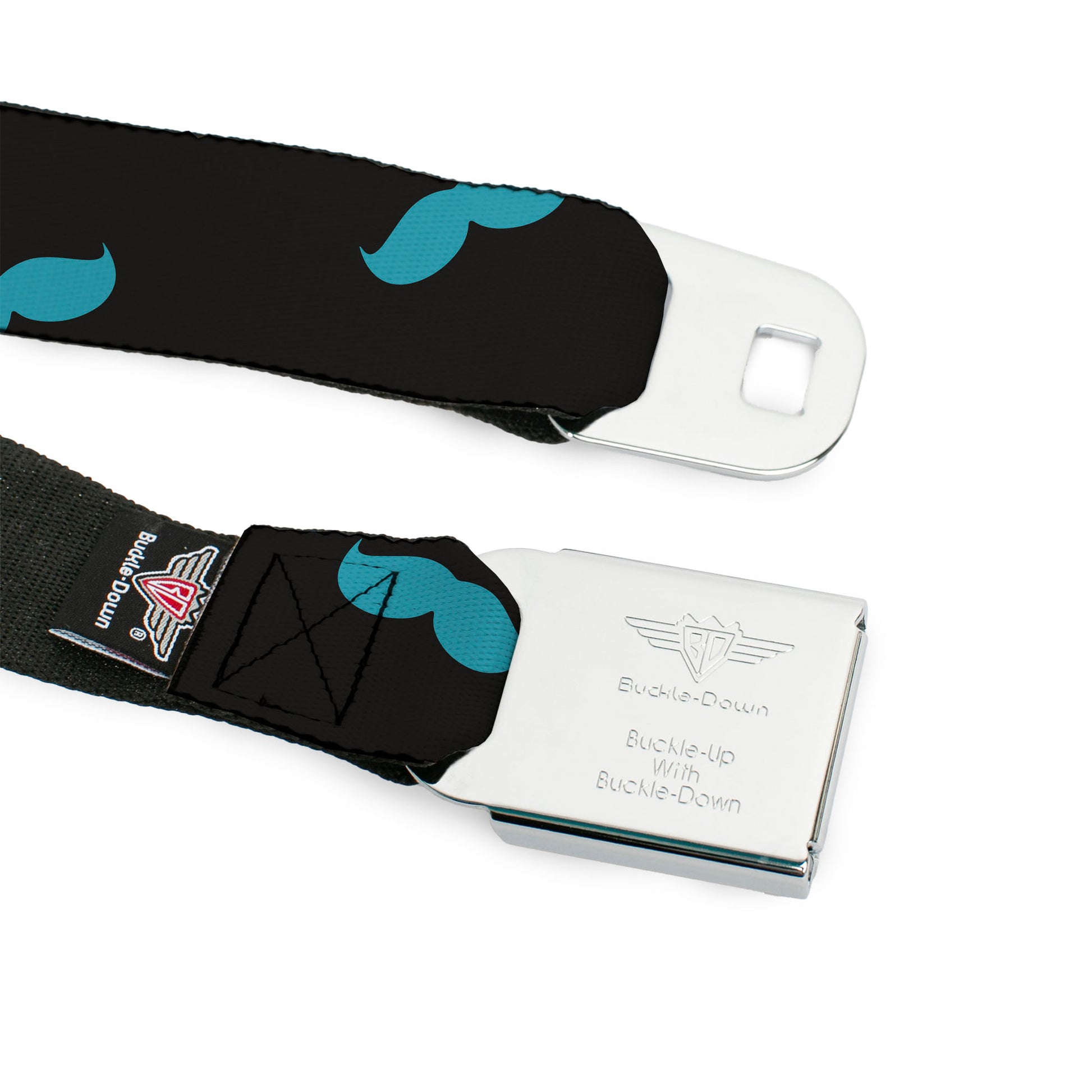 BD Wings Logo CLOSE-UP Full Color Black Silver Seatbelt Belt - Mustaches Scattered Black/Turquoise Webbing Seatbelt Belts Buckle-Down