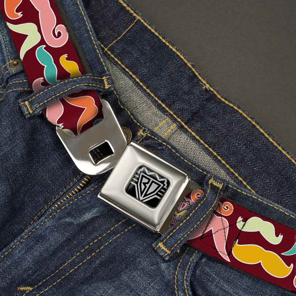 BD Wings Logo CLOSE-UP Full Color Black Silver Seatbelt Belt - Mustaches Brown/Multi Pastel Webbing Seatbelt Belts Buckle-Down
