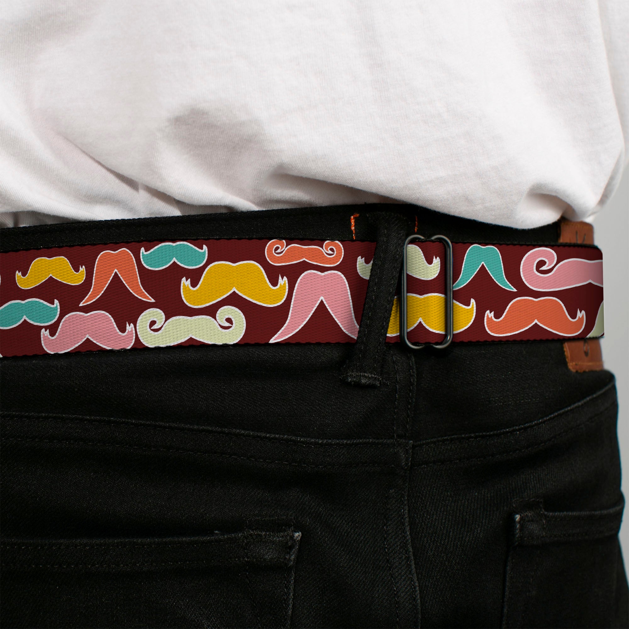 BD Wings Logo CLOSE-UP Full Color Black Silver Seatbelt Belt - Mustaches Brown/Multi Pastel Webbing Seatbelt Belts Buckle-Down