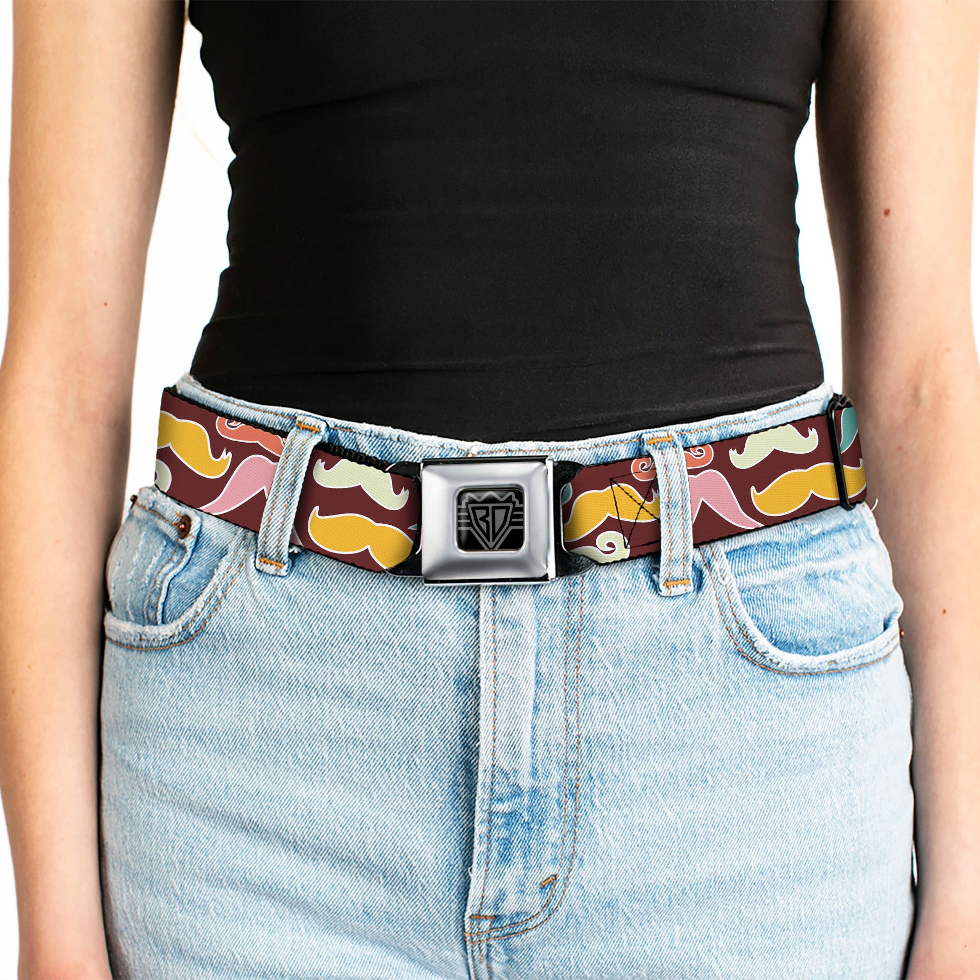 BD Wings Logo CLOSE-UP Full Color Black Silver Seatbelt Belt - Mustaches Brown/Multi Pastel Webbing Seatbelt Belts Buckle-Down
