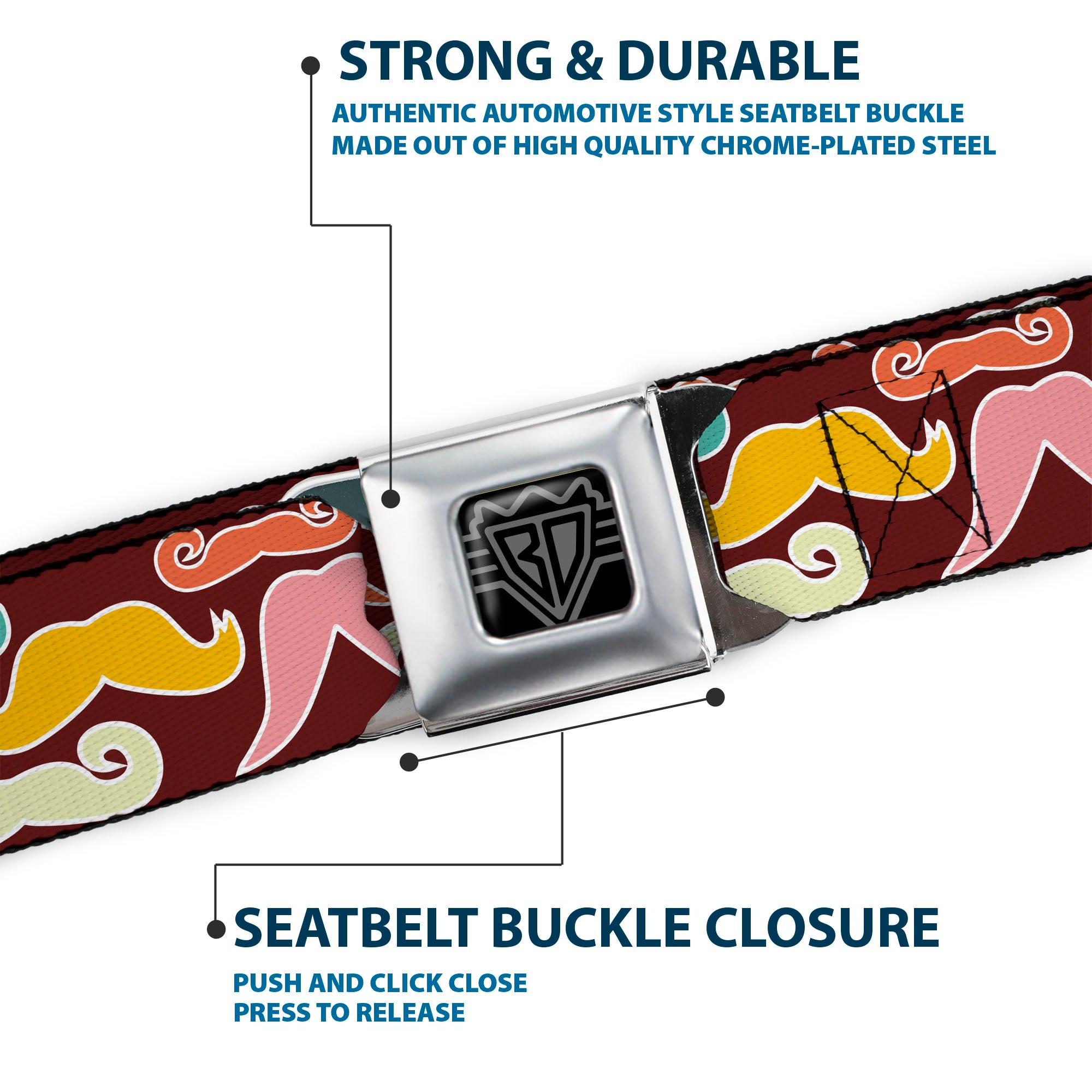 BD Wings Logo CLOSE-UP Full Color Black Silver Seatbelt Belt - Mustaches Brown/Multi Pastel Webbing Seatbelt Belts Buckle-Down
