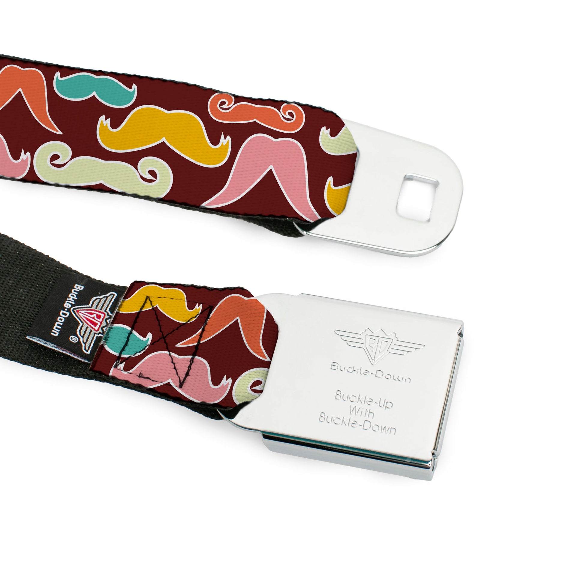 BD Wings Logo CLOSE-UP Full Color Black Silver Seatbelt Belt - Mustaches Brown/Multi Pastel Webbing Seatbelt Belts Buckle-Down