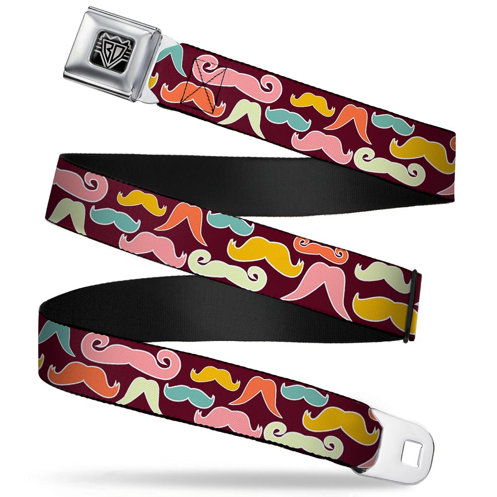 BD Wings Logo CLOSE-UP Full Color Black Silver Seatbelt Belt - Mustaches Brown/Multi Pastel Webbing Seatbelt Belts Buckle-Down