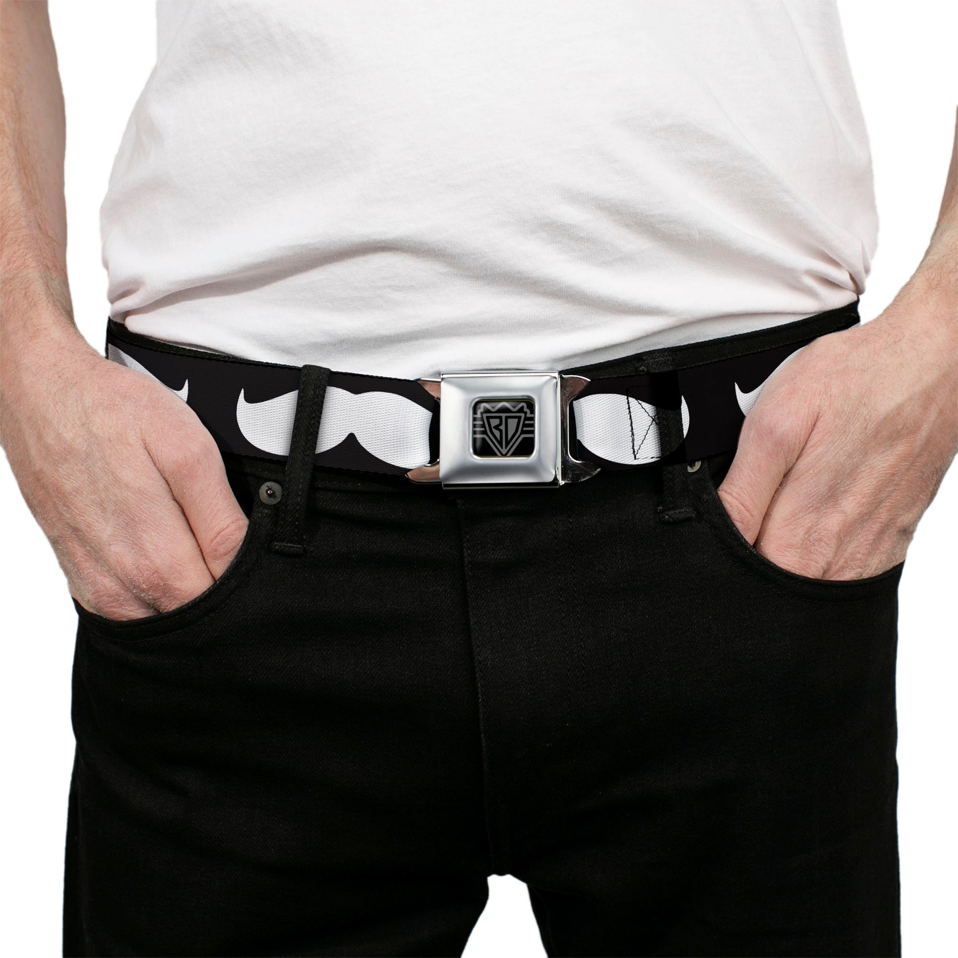 BD Wings Logo CLOSE-UP Full Color Black Silver Seatbelt Belt - Mustache Black/White Webbing Seatbelt Belts Buckle-Down