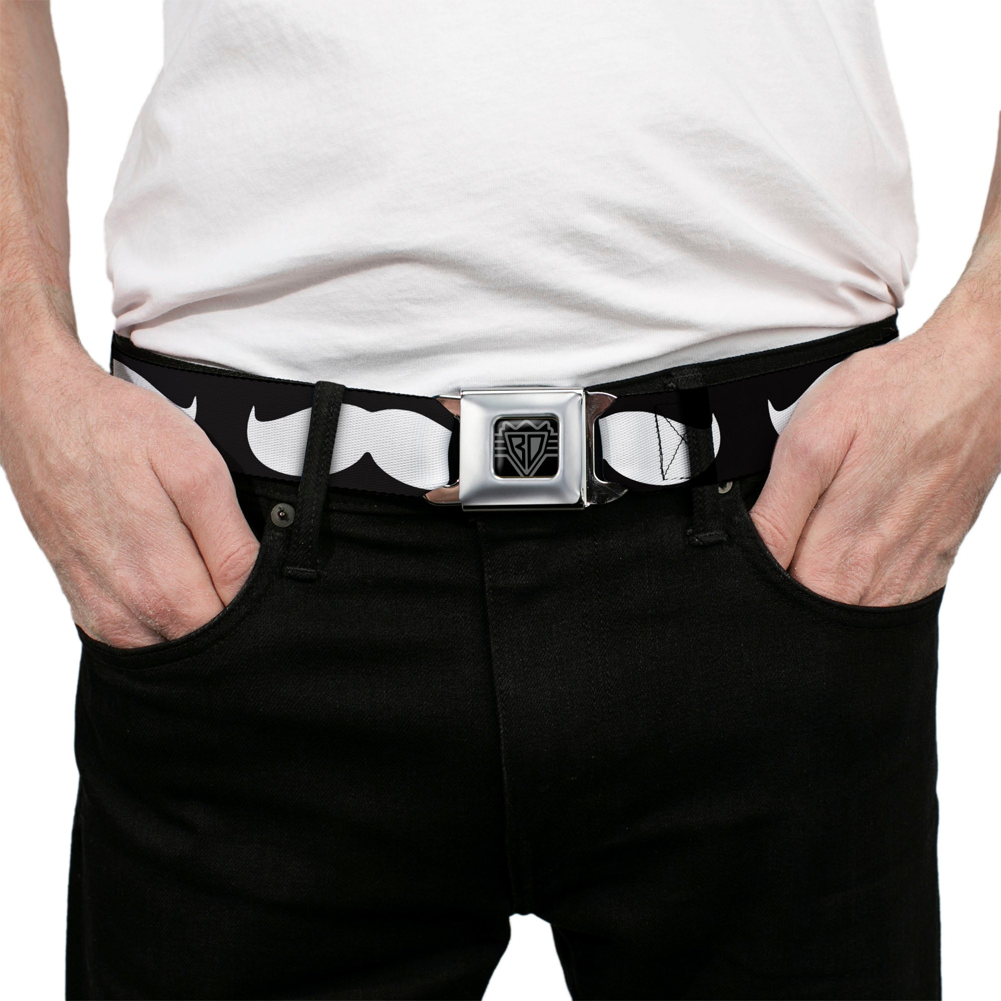 BD Wings Logo CLOSE-UP Full Color Black Silver Seatbelt Belt - Mustache Black/White Webbing Seatbelt Belts Buckle-Down