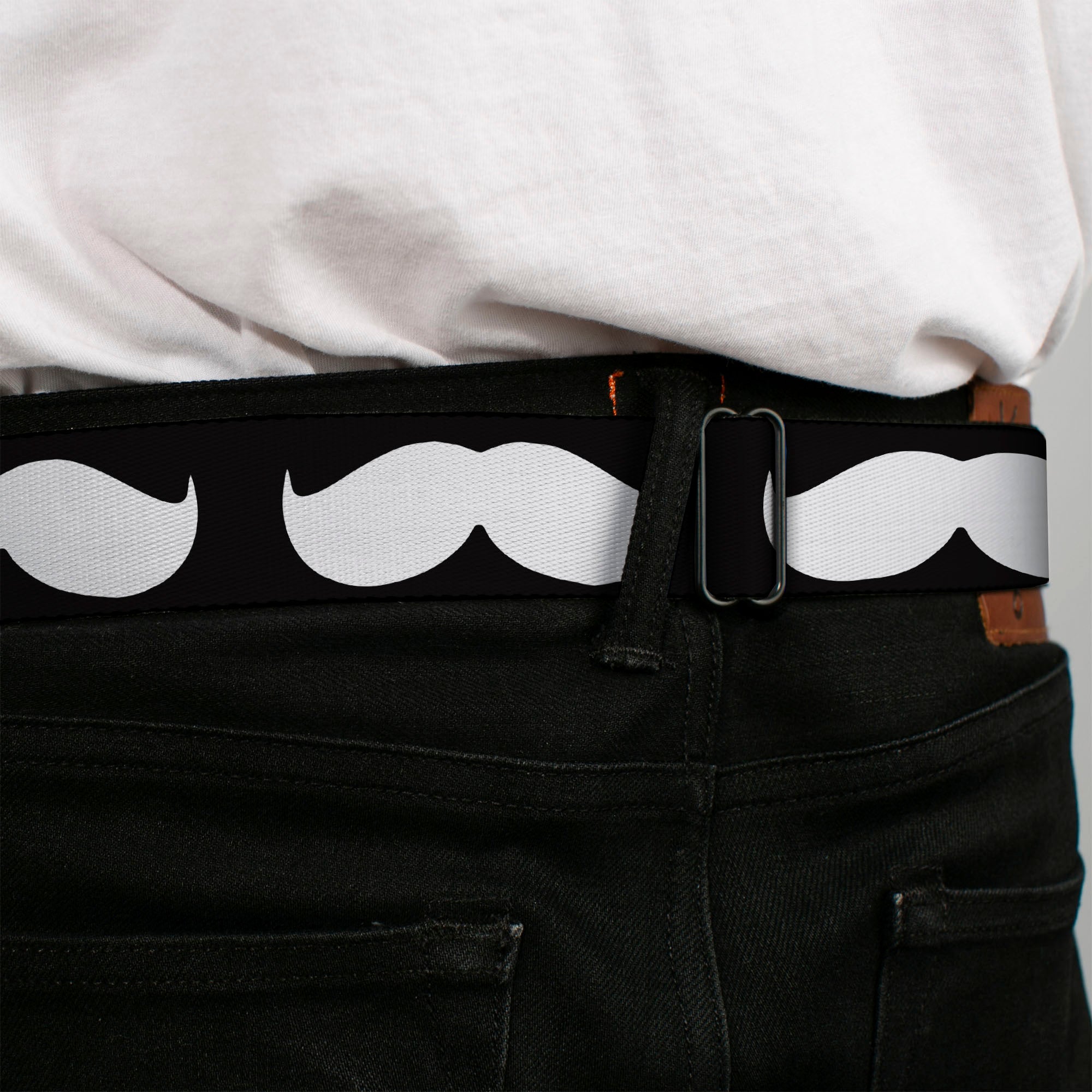 BD Wings Logo CLOSE-UP Full Color Black Silver Seatbelt Belt - Mustache Black/White Webbing Seatbelt Belts Buckle-Down