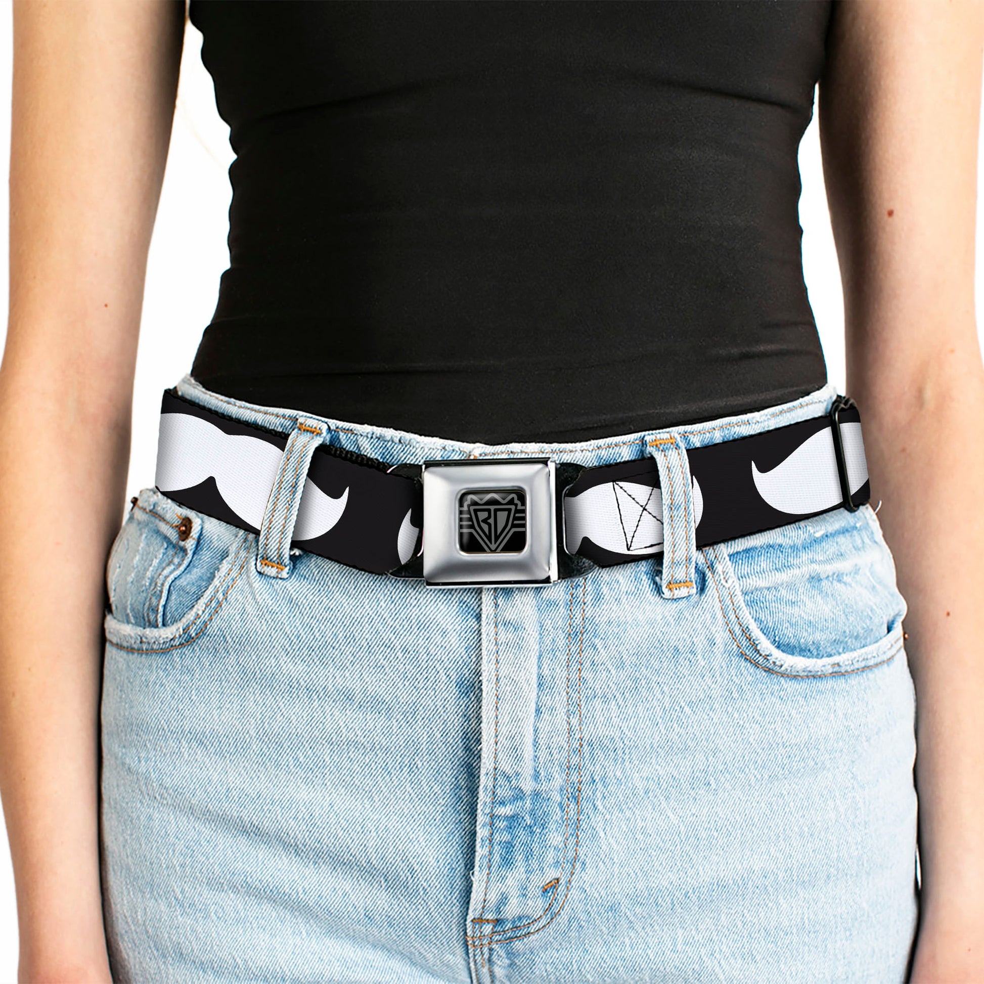 BD Wings Logo CLOSE-UP Full Color Black Silver Seatbelt Belt - Mustache Black/White Webbing Seatbelt Belts Buckle-Down