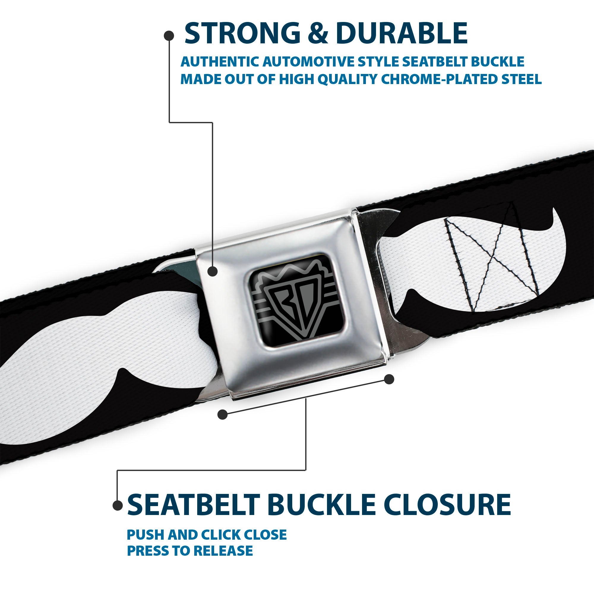 BD Wings Logo CLOSE-UP Full Color Black Silver Seatbelt Belt - Mustache Black/White Webbing Seatbelt Belts Buckle-Down