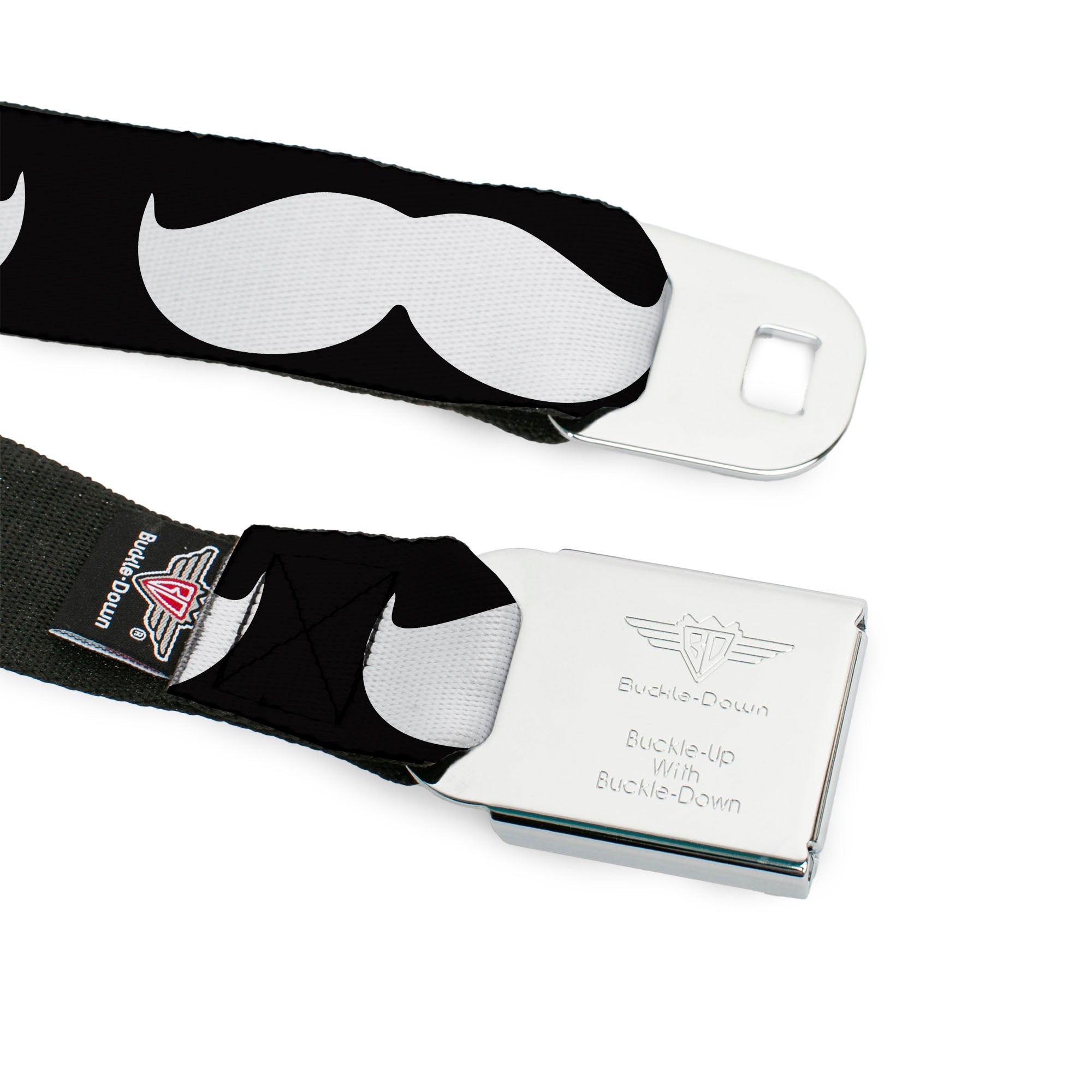 BD Wings Logo CLOSE-UP Full Color Black Silver Seatbelt Belt - Mustache Black/White Webbing Seatbelt Belts Buckle-Down