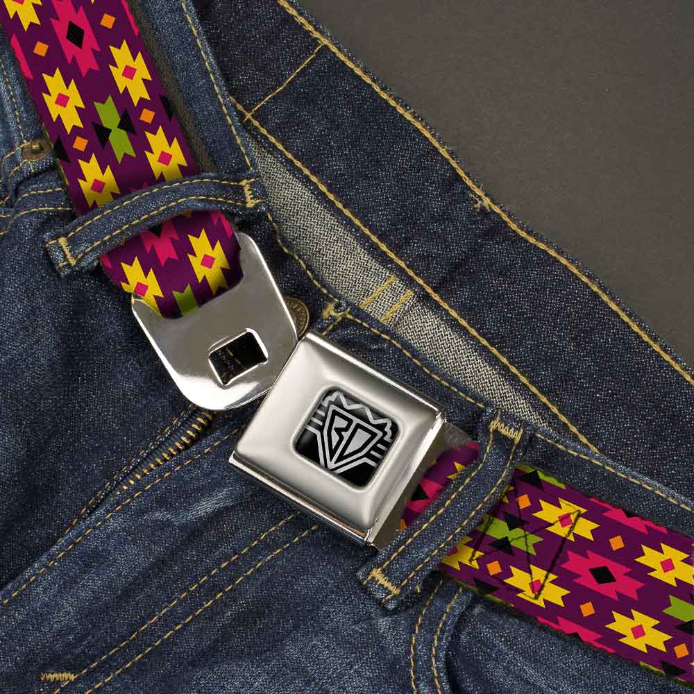 BD Wings Logo CLOSE-UP Full Color Black Silver Seatbelt Belt - Mini Navajo Purple/Yellow/Pink/Green Webbing Seatbelt Belts Buckle-Down