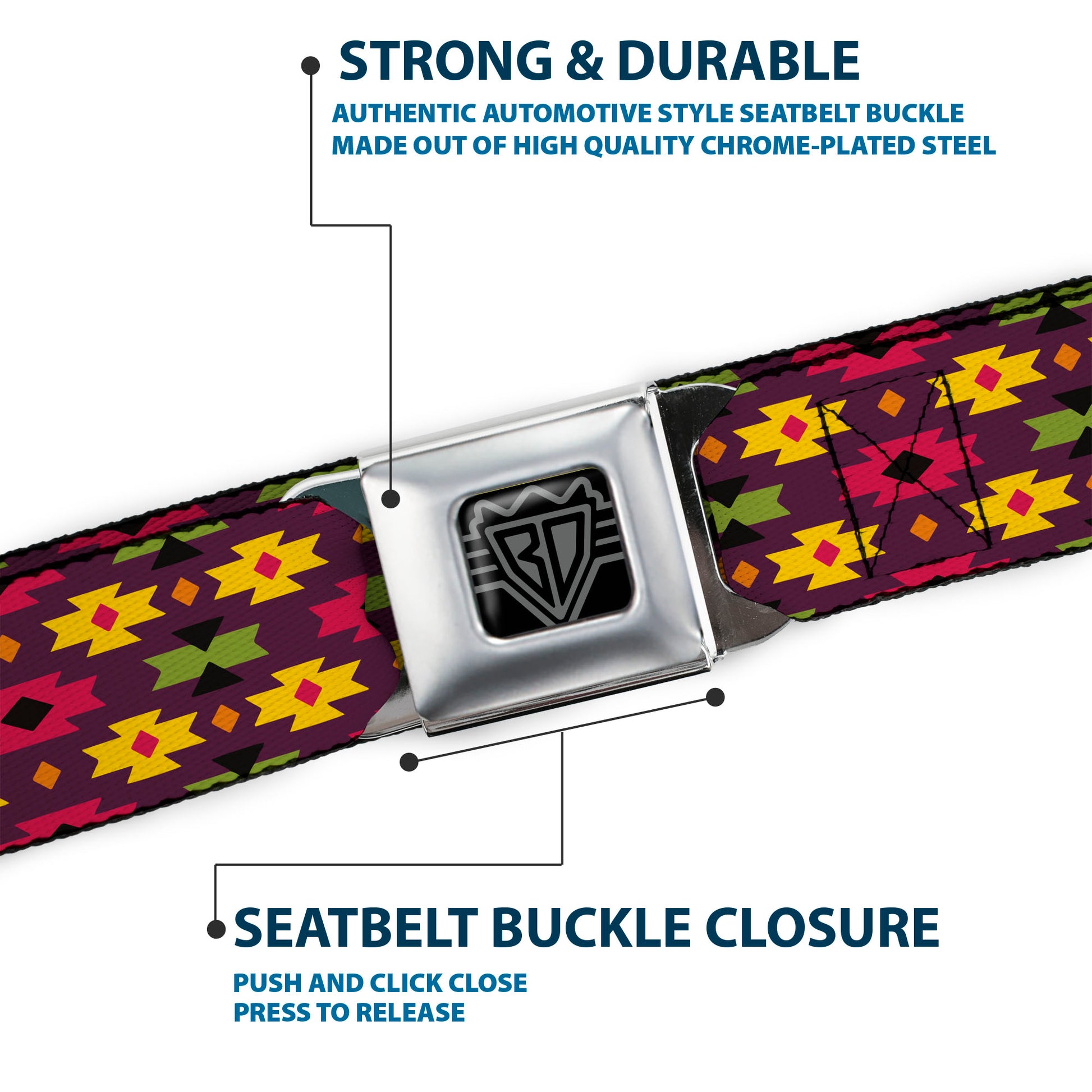BD Wings Logo CLOSE-UP Full Color Black Silver Seatbelt Belt - Mini Navajo Purple/Yellow/Pink/Green Webbing Seatbelt Belts Buckle-Down