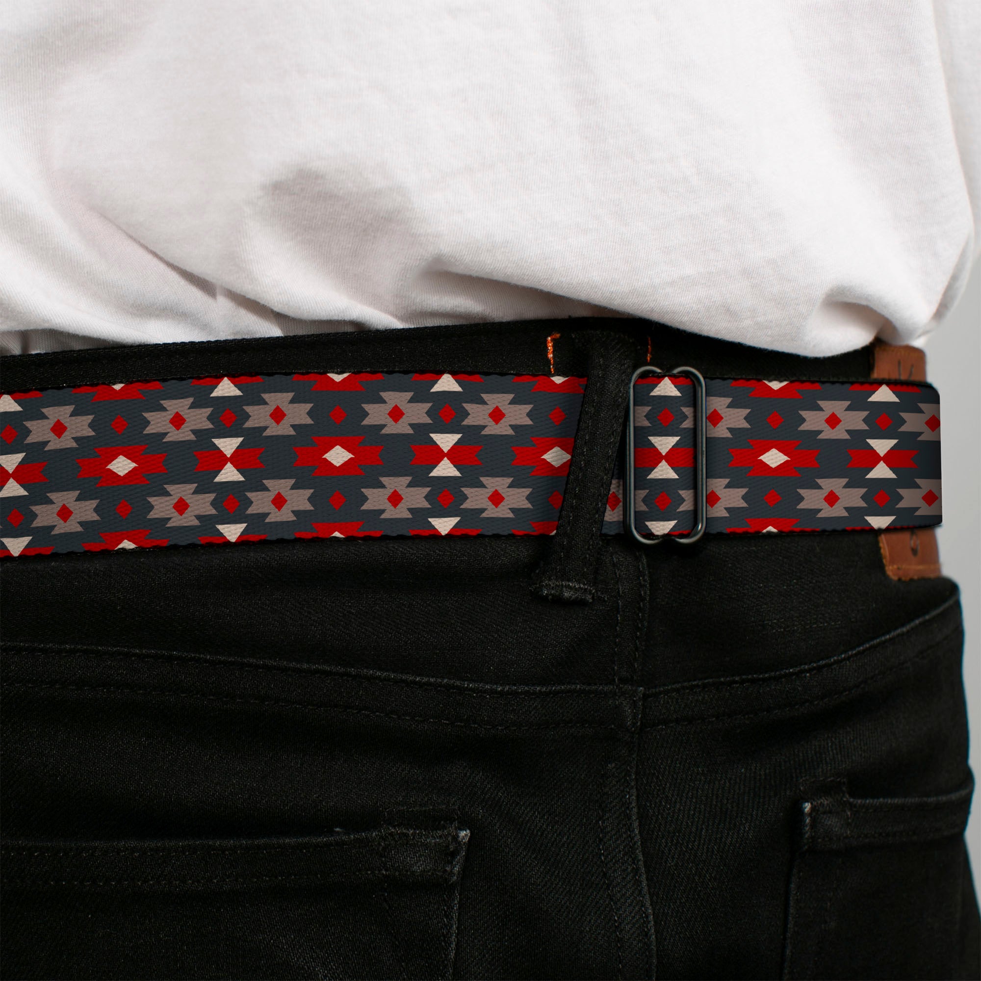 BD Wings Logo CLOSE-UP Full Color Black Silver Seatbelt Belt - Mini Navajo Black/Gray/Red/White Webbing Seatbelt Belts Buckle-Down