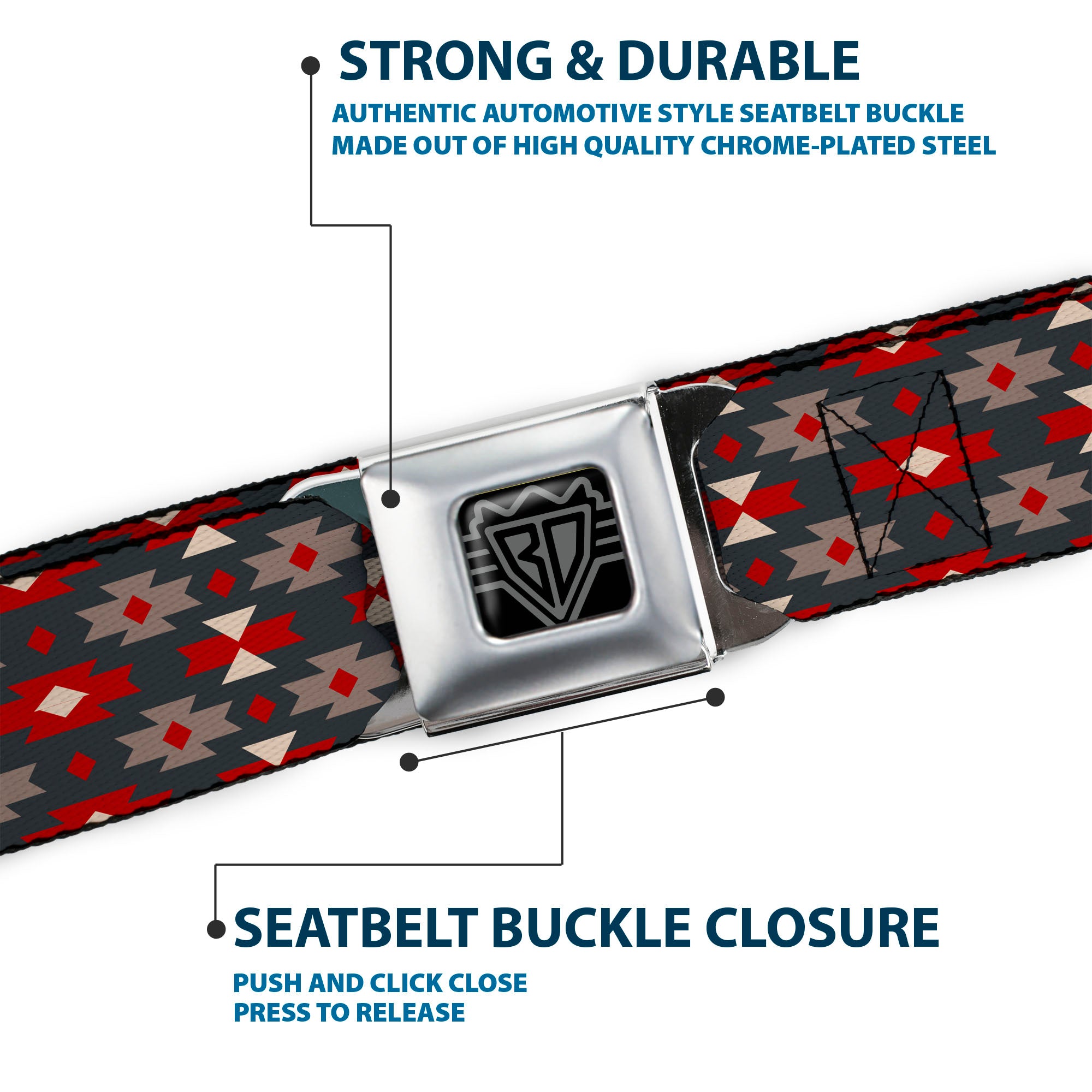 BD Wings Logo CLOSE-UP Full Color Black Silver Seatbelt Belt - Mini Navajo Black/Gray/Red/White Webbing Seatbelt Belts Buckle-Down