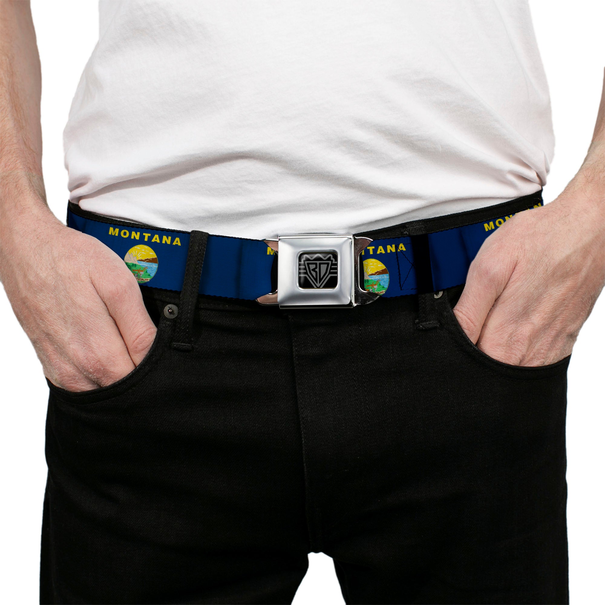 BD Wings Logo CLOSE-UP Full Color Black Silver Seatbelt Belt - Montana Flags Webbing Seatbelt Belts Buckle-Down