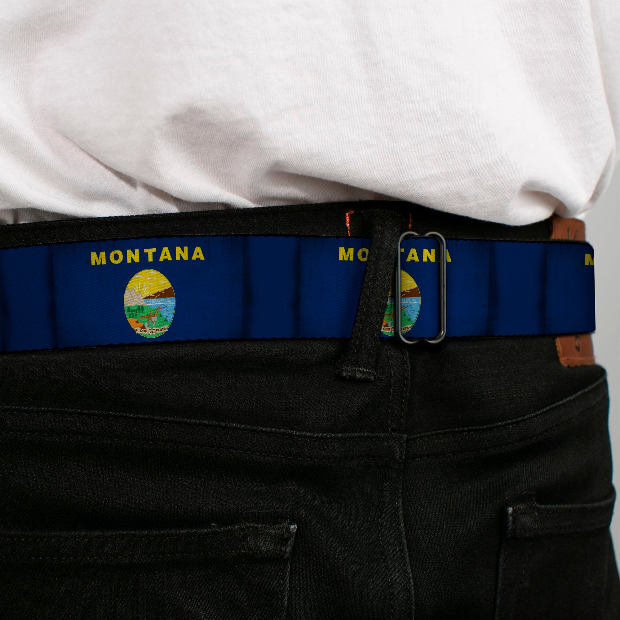 BD Wings Logo CLOSE-UP Full Color Black Silver Seatbelt Belt - Montana Flags Webbing Seatbelt Belts Buckle-Down