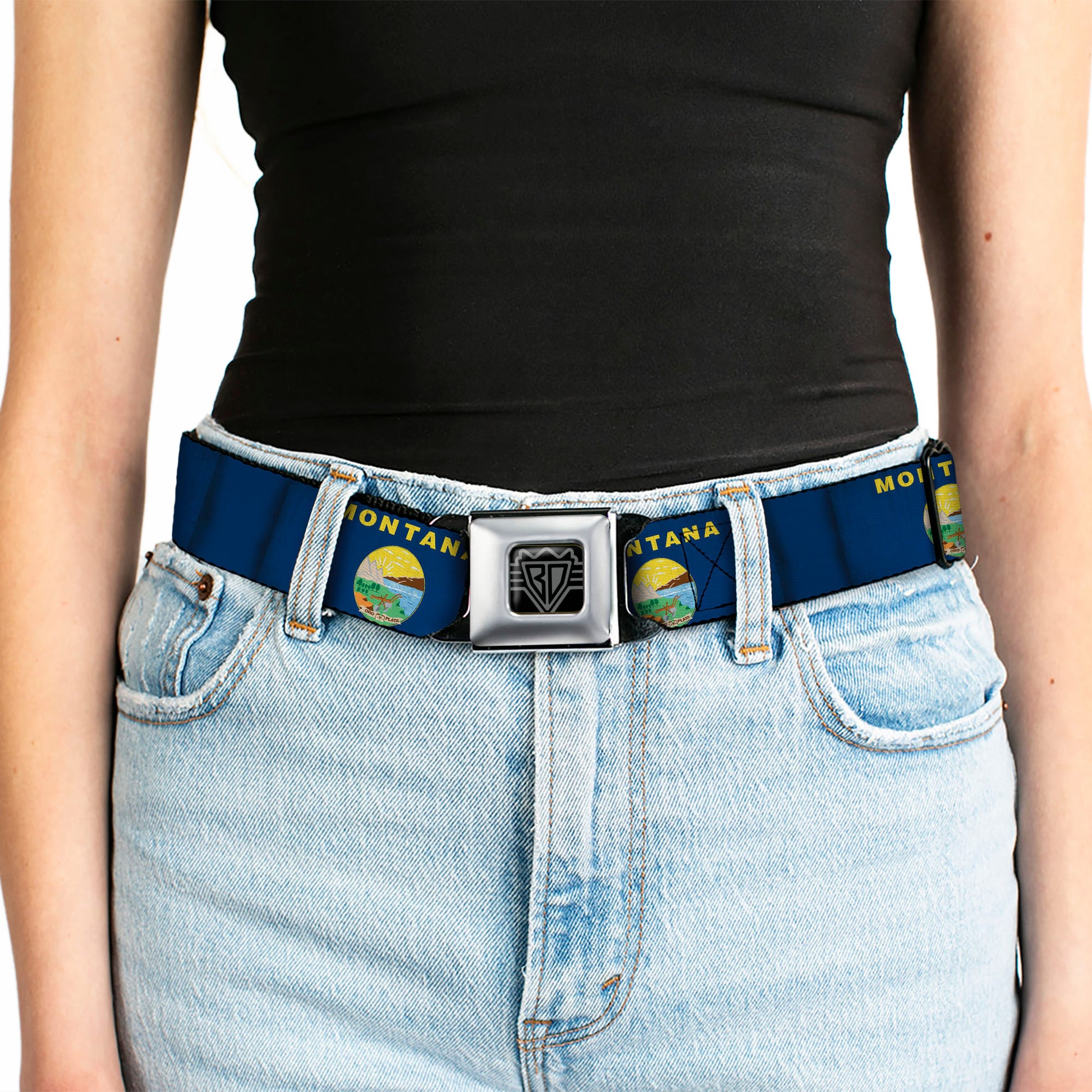 BD Wings Logo CLOSE-UP Full Color Black Silver Seatbelt Belt - Montana Flags Webbing Seatbelt Belts Buckle-Down