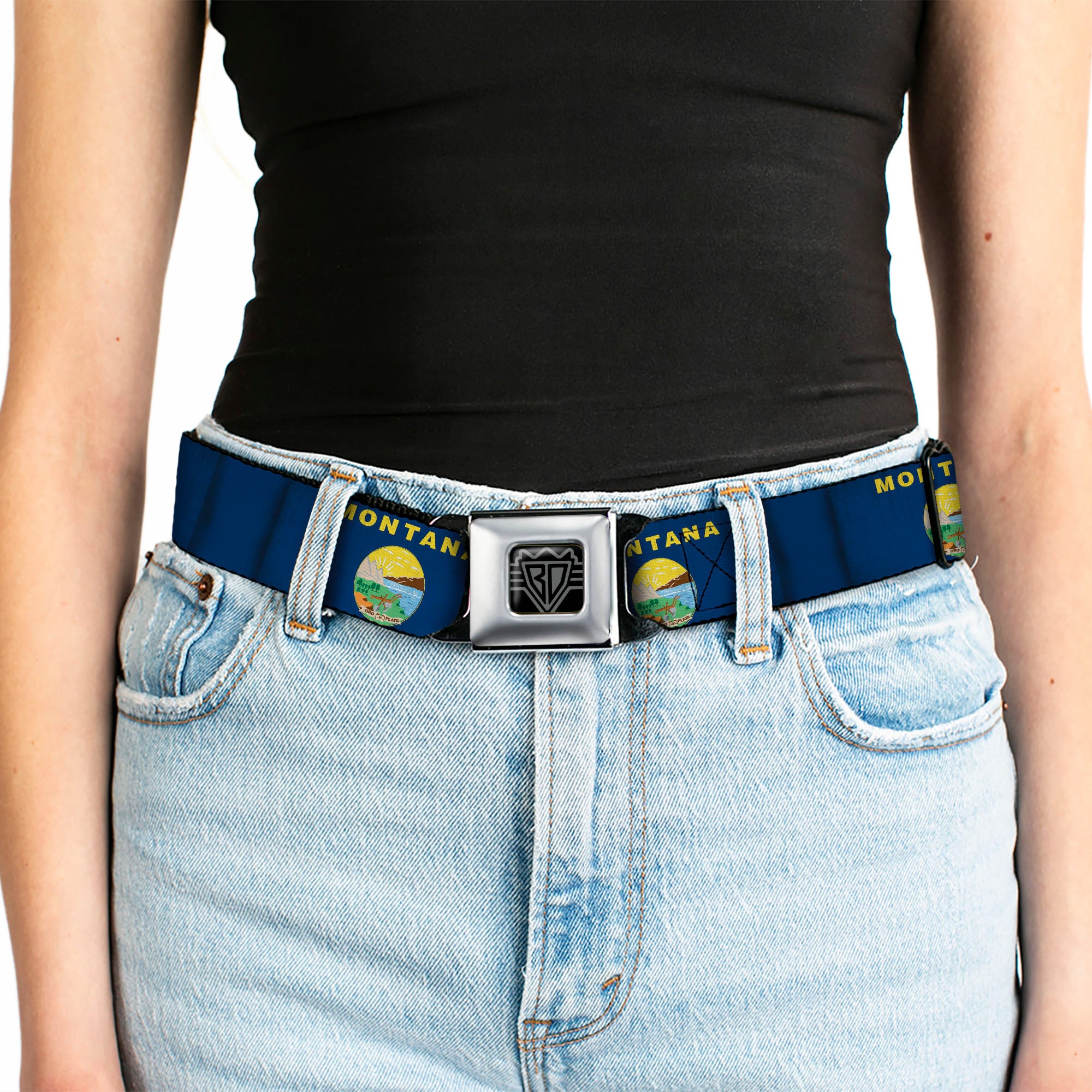 BD Wings Logo CLOSE-UP Full Color Black Silver Seatbelt Belt - Montana Flags Webbing Seatbelt Belts Buckle-Down