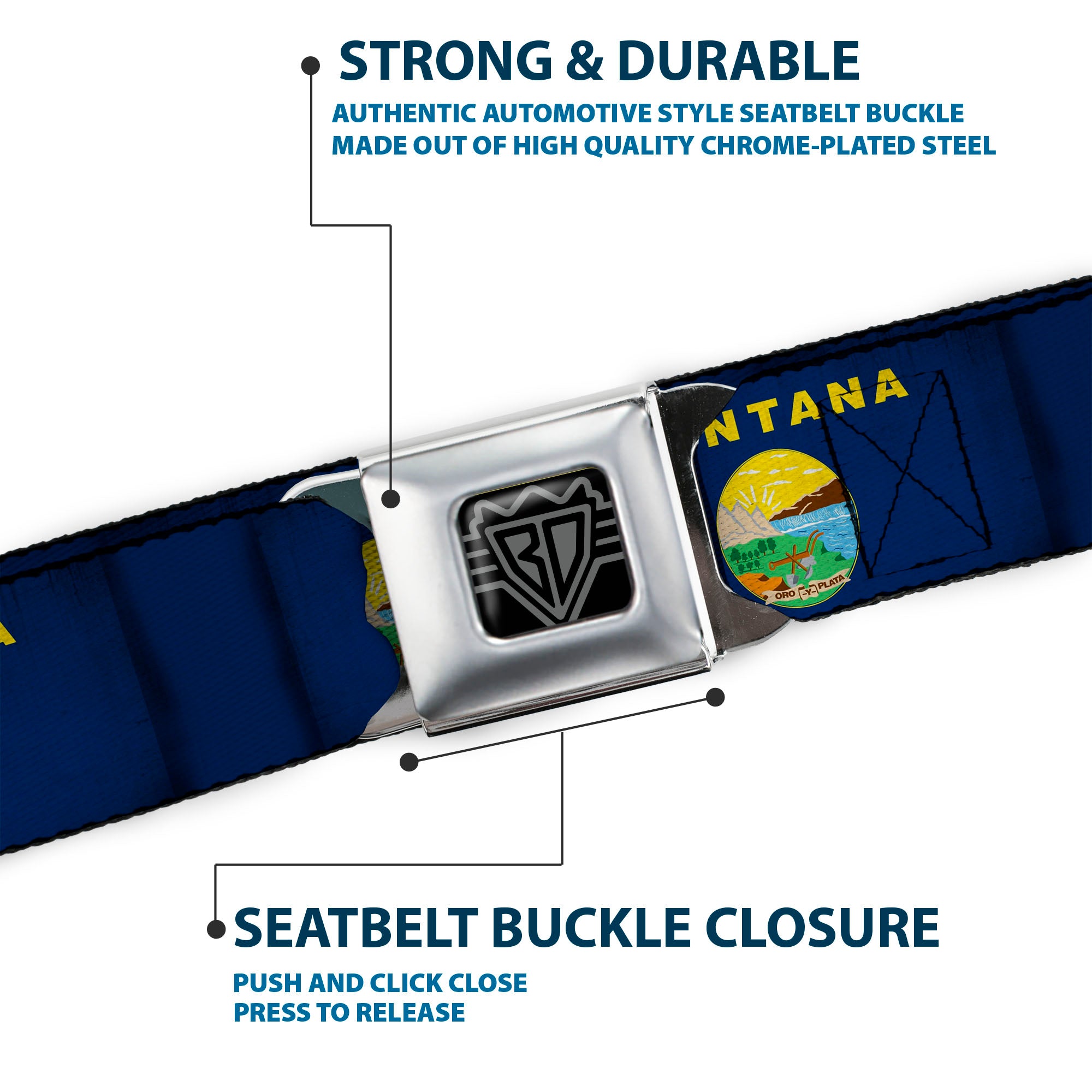 BD Wings Logo CLOSE-UP Full Color Black Silver Seatbelt Belt - Montana Flags Webbing Seatbelt Belts Buckle-Down