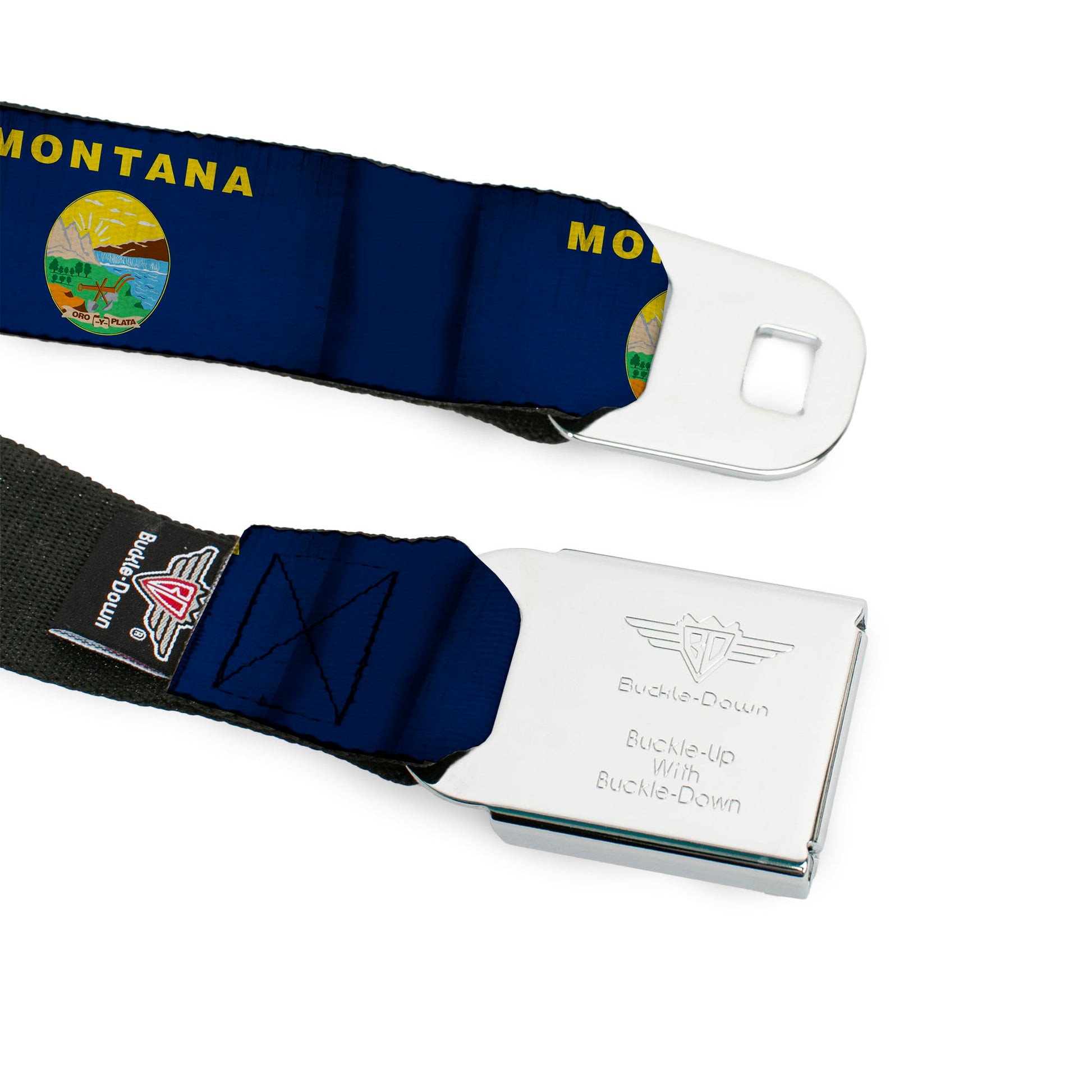 BD Wings Logo CLOSE-UP Full Color Black Silver Seatbelt Belt - Montana Flags Webbing Seatbelt Belts Buckle-Down