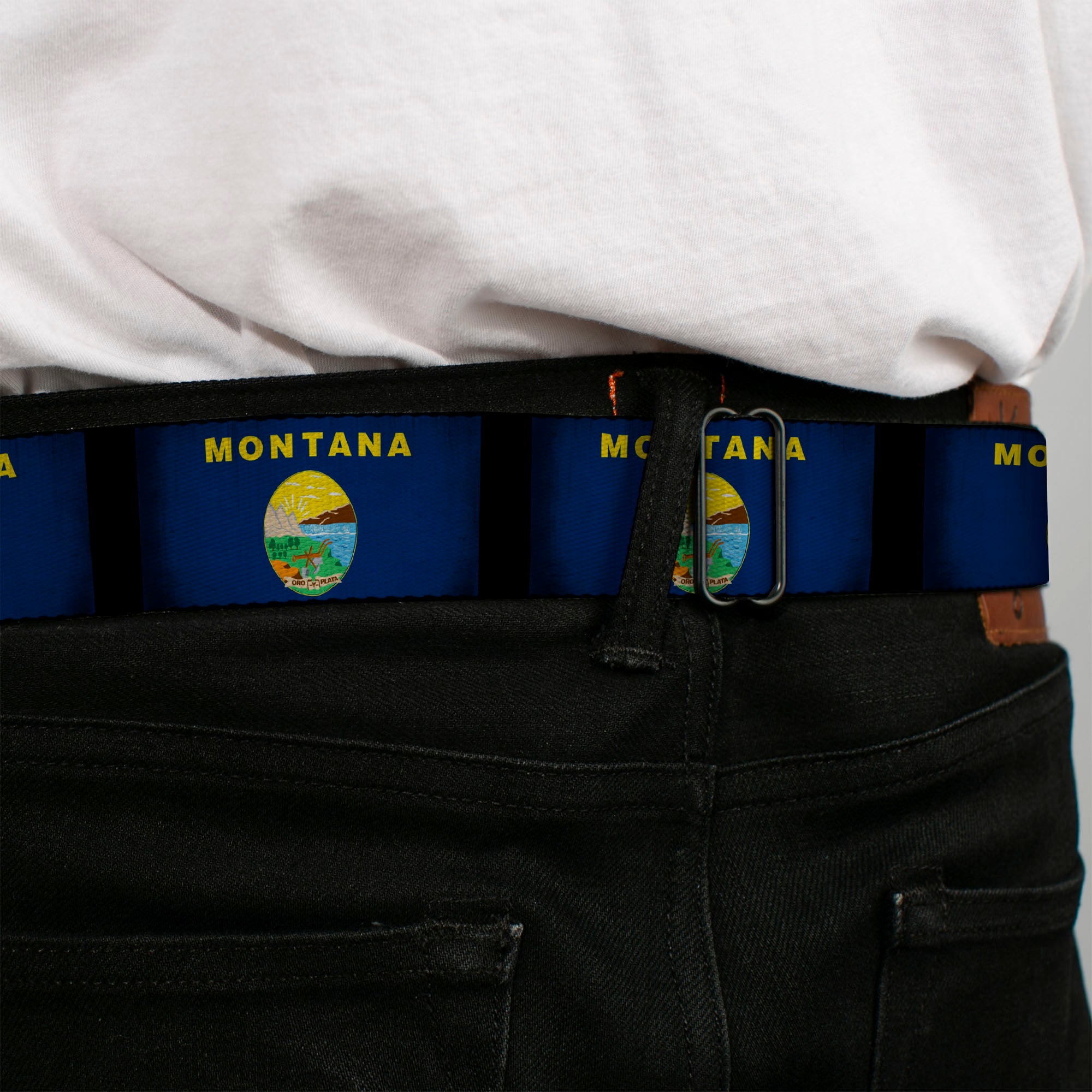 BD Wings Logo CLOSE-UP Black/Silver Seatbelt Belt - Montana Flags2 Webbing Seatbelt Belts Buckle-Down