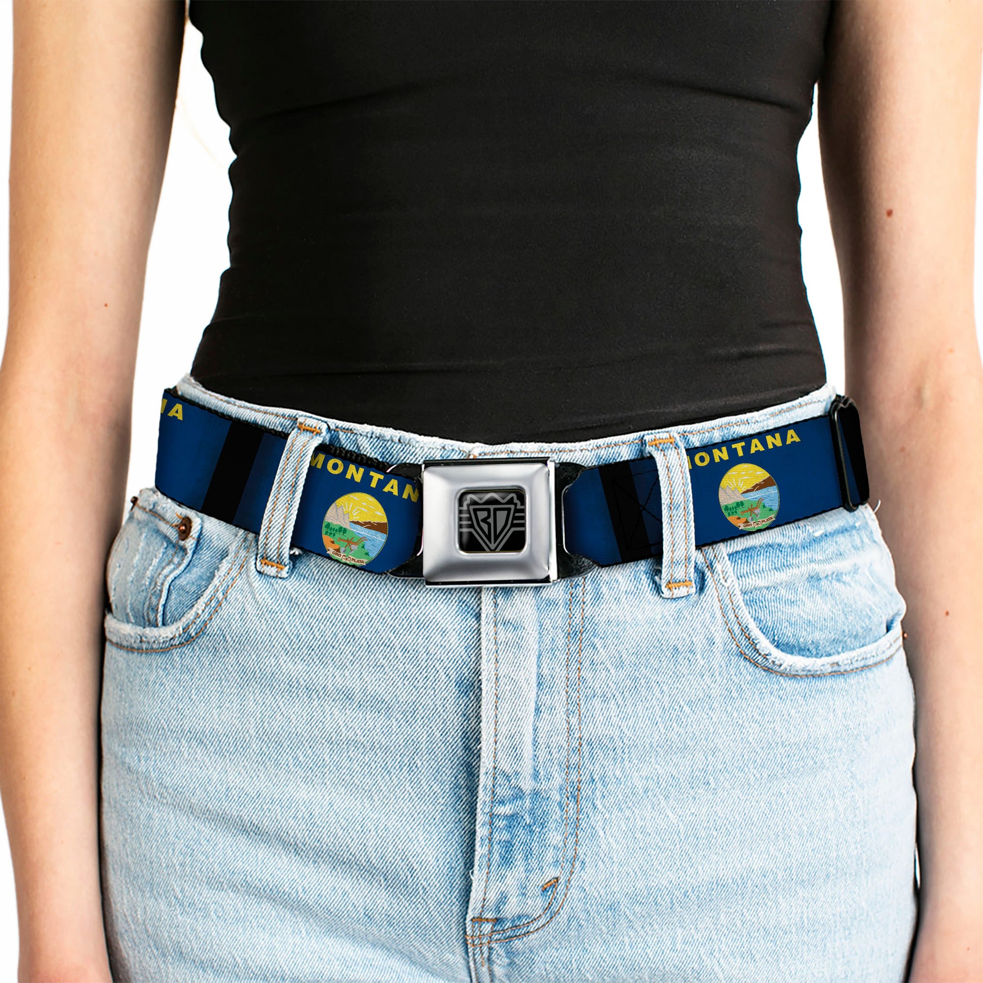 BD Wings Logo CLOSE-UP Black/Silver Seatbelt Belt - Montana Flags2 Webbing Seatbelt Belts Buckle-Down