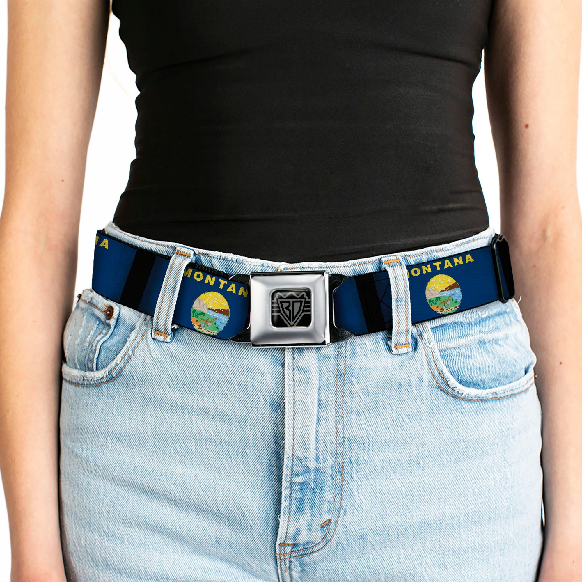 BD Wings Logo CLOSE-UP Black/Silver Seatbelt Belt - Montana Flags2 Webbing Seatbelt Belts Buckle-Down