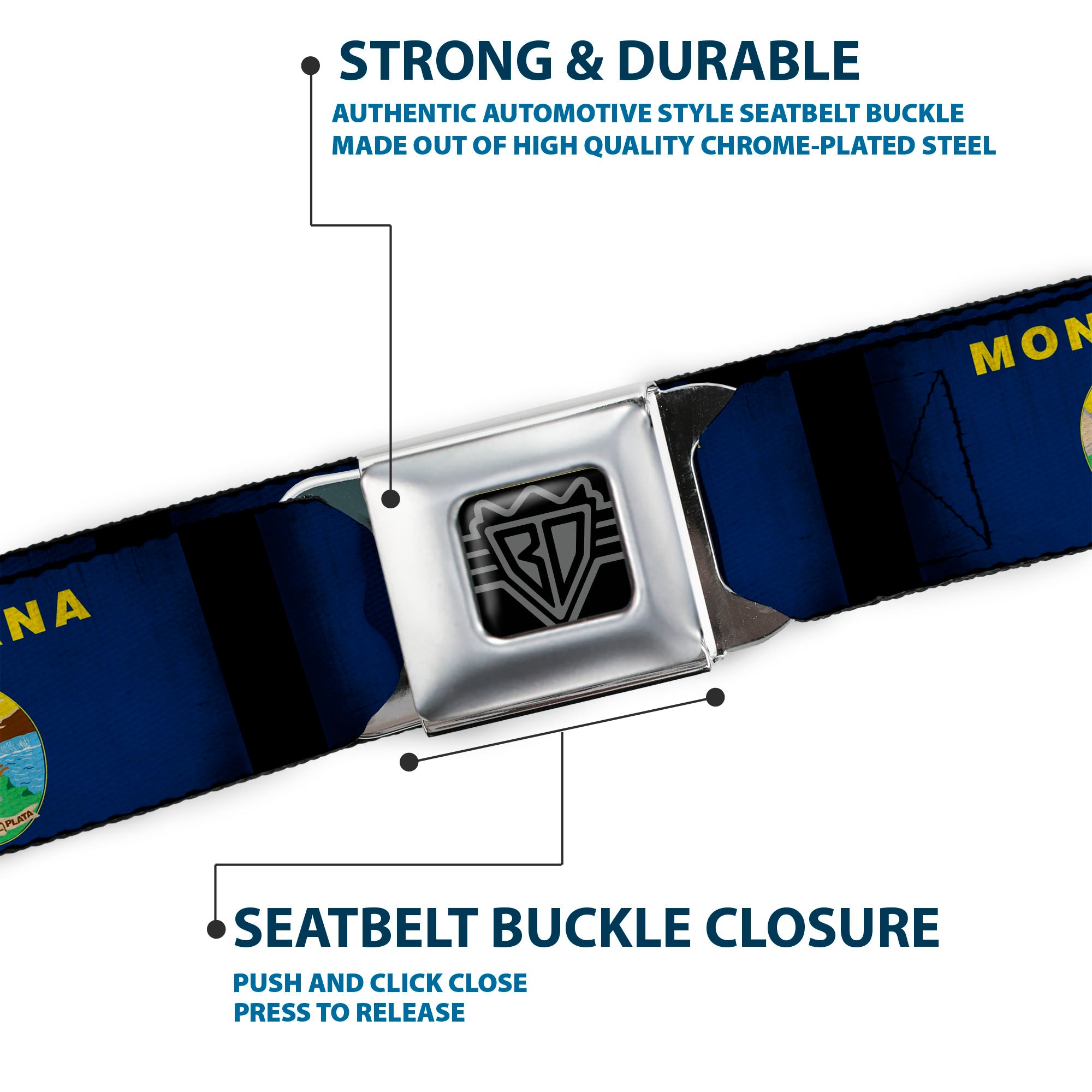 BD Wings Logo CLOSE-UP Black/Silver Seatbelt Belt - Montana Flags2 Webbing Seatbelt Belts Buckle-Down