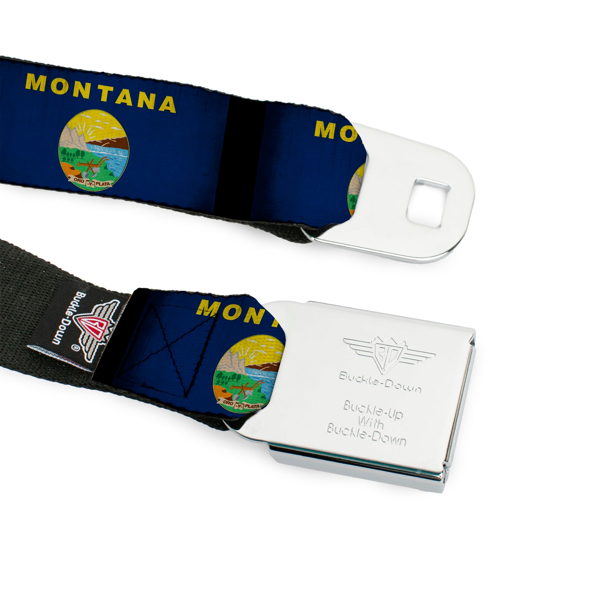 BD Wings Logo CLOSE-UP Black/Silver Seatbelt Belt - Montana Flags2 Webbing Seatbelt Belts Buckle-Down