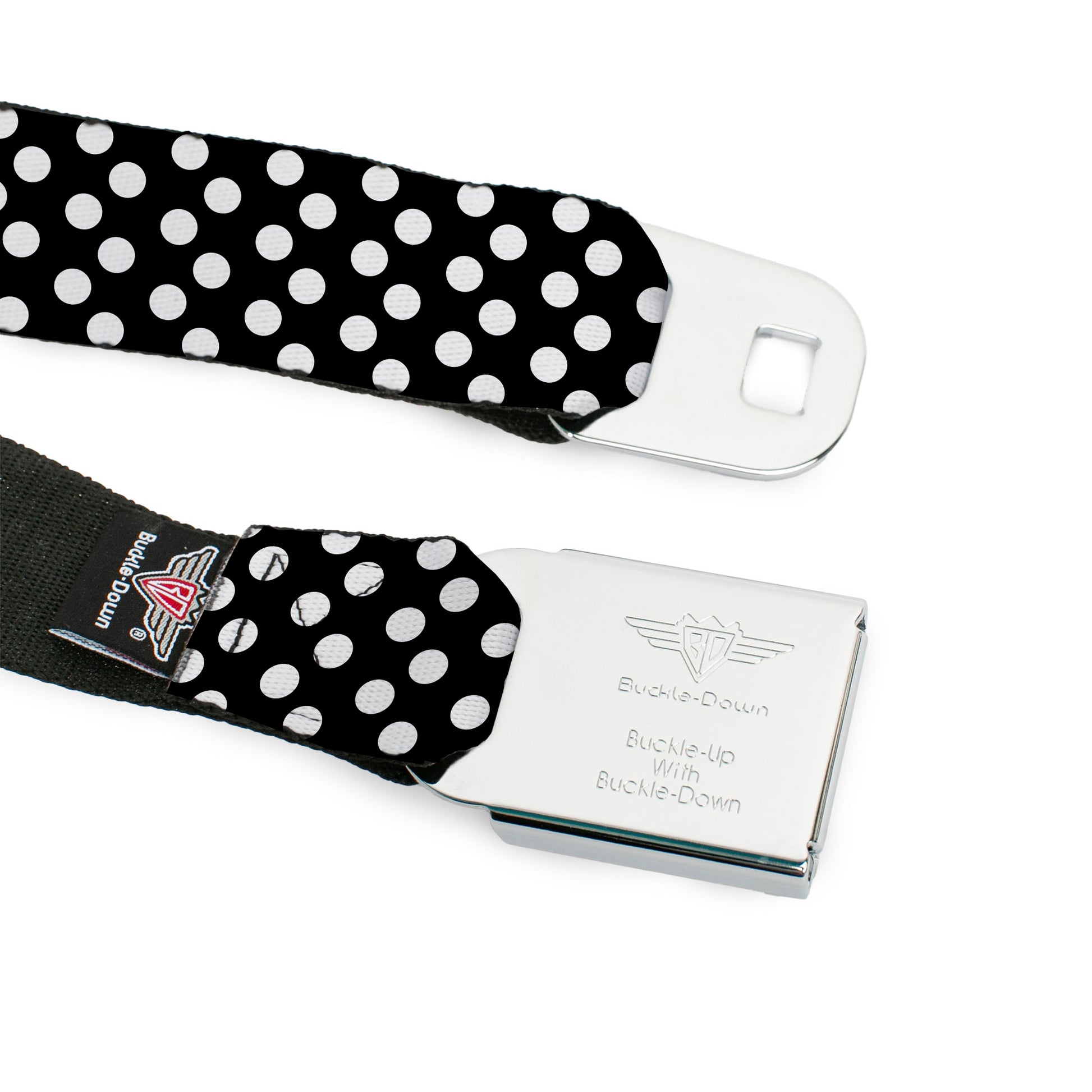 BD Wings Logo CLOSE-UP Full Color Black Silver Seatbelt Belt - Micro Polka Dots2 Black/White Webbing Seatbelt Belts Buckle-Down