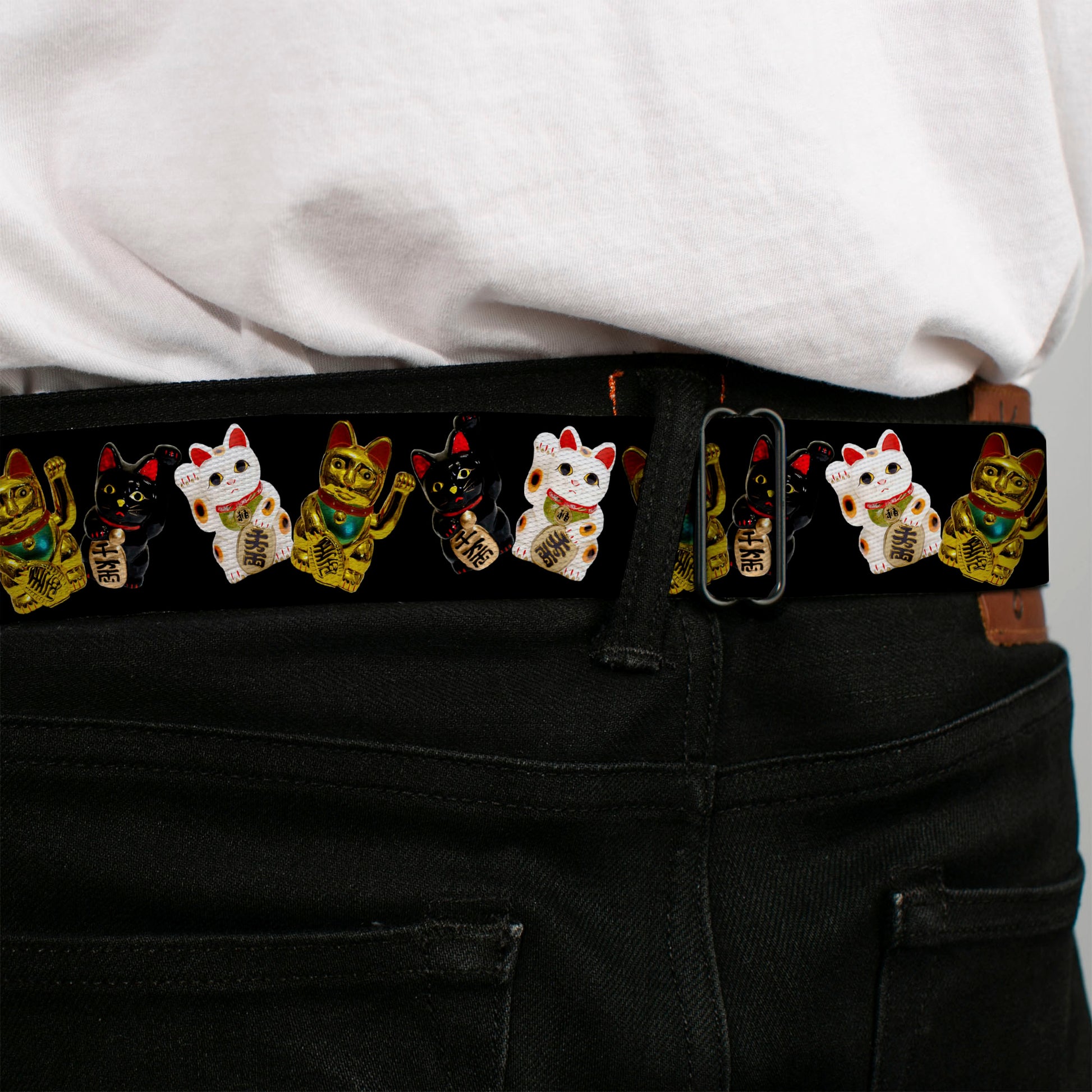BD Wings Logo CLOSE-UP Full Color Black Silver Seatbelt Belt - Maneki Neko Lucky Cats Gold/Black/White Webbing Seatbelt Belts Buckle-Down