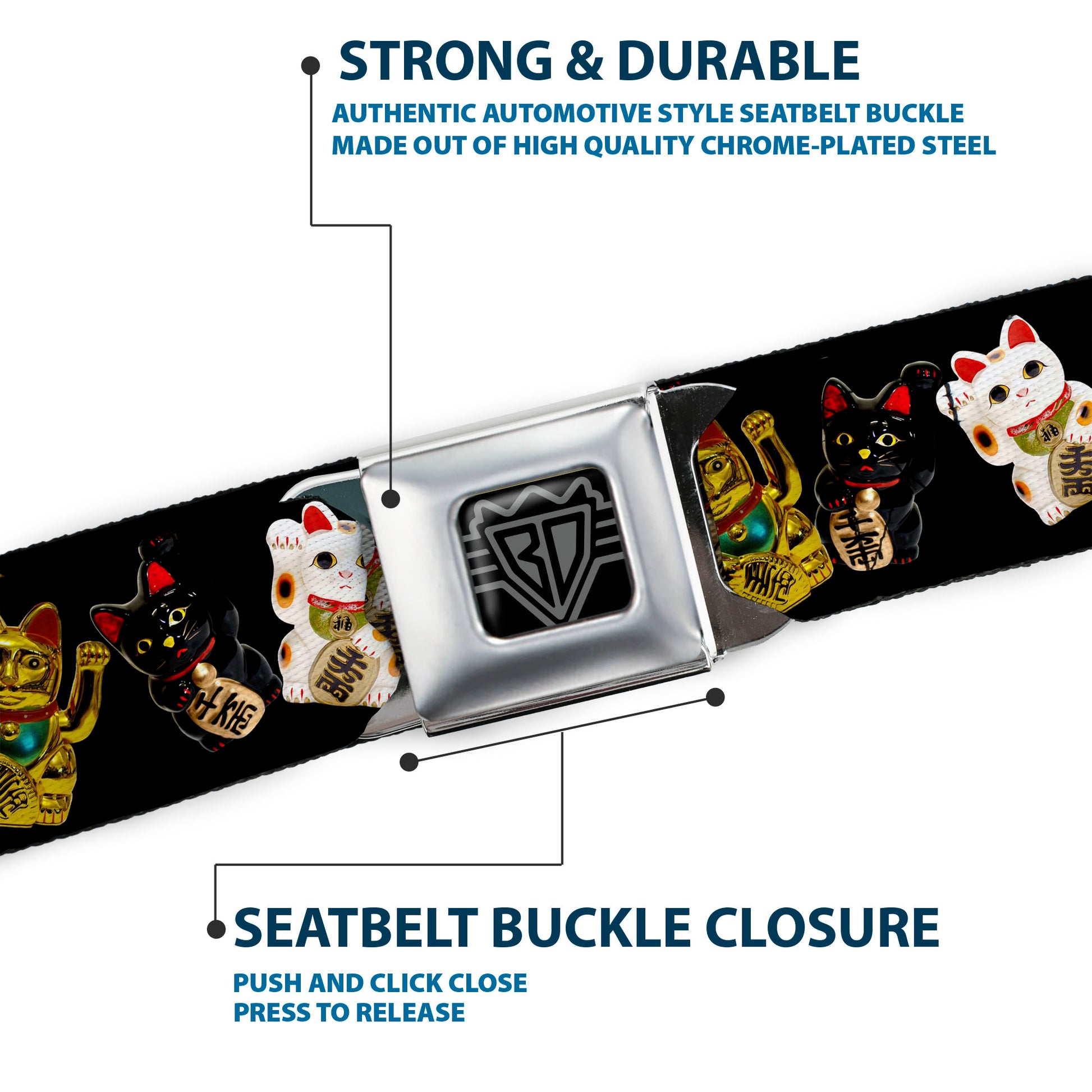 BD Wings Logo CLOSE-UP Full Color Black Silver Seatbelt Belt - Maneki Neko Lucky Cats Gold/Black/White Webbing Seatbelt Belts Buckle-Down