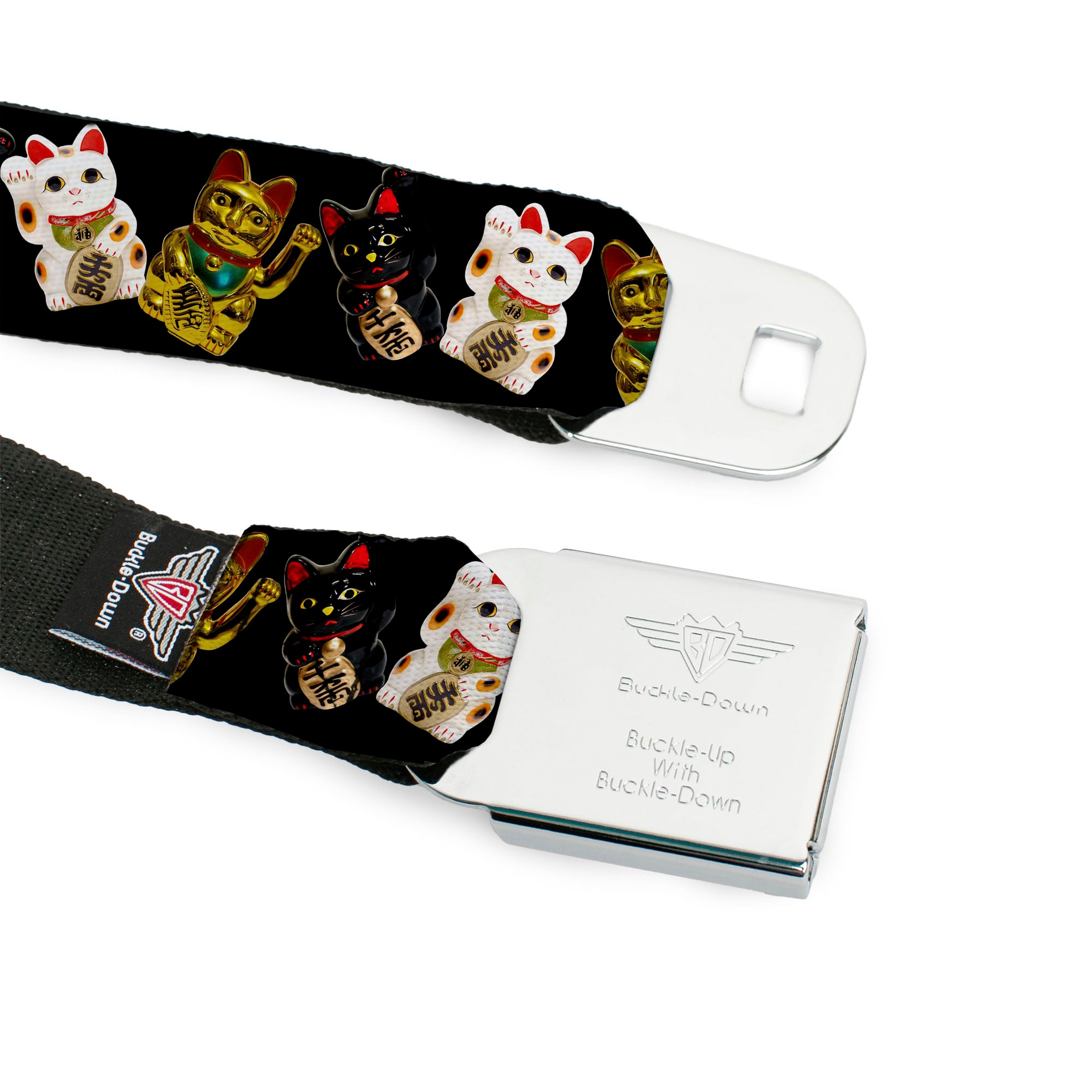 BD Wings Logo CLOSE-UP Full Color Black Silver Seatbelt Belt - Maneki Neko Lucky Cats Gold/Black/White Webbing Seatbelt Belts Buckle-Down