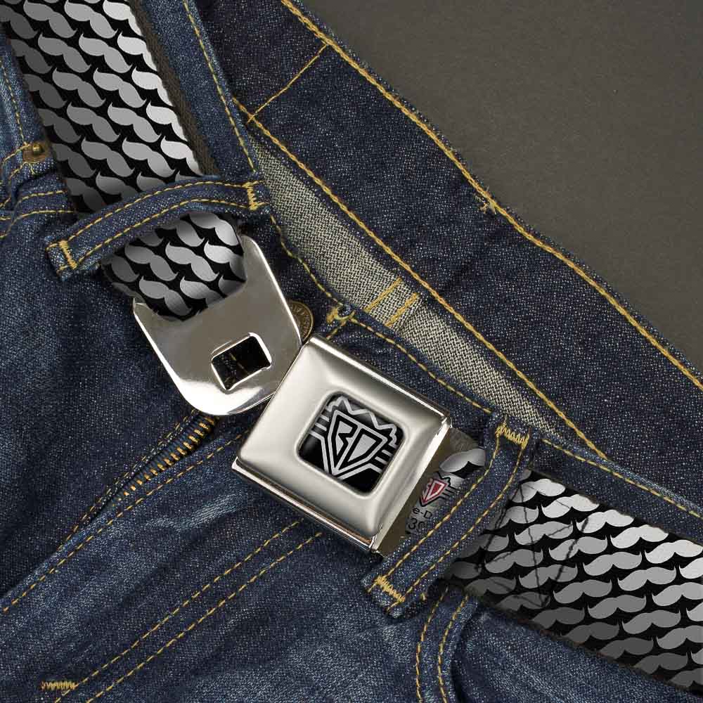 BD Wings Logo CLOSE-UP Full Color Black Silver Seatbelt Belt - Mustache Monogram Black/Grays Webbing Seatbelt Belts Buckle-Down