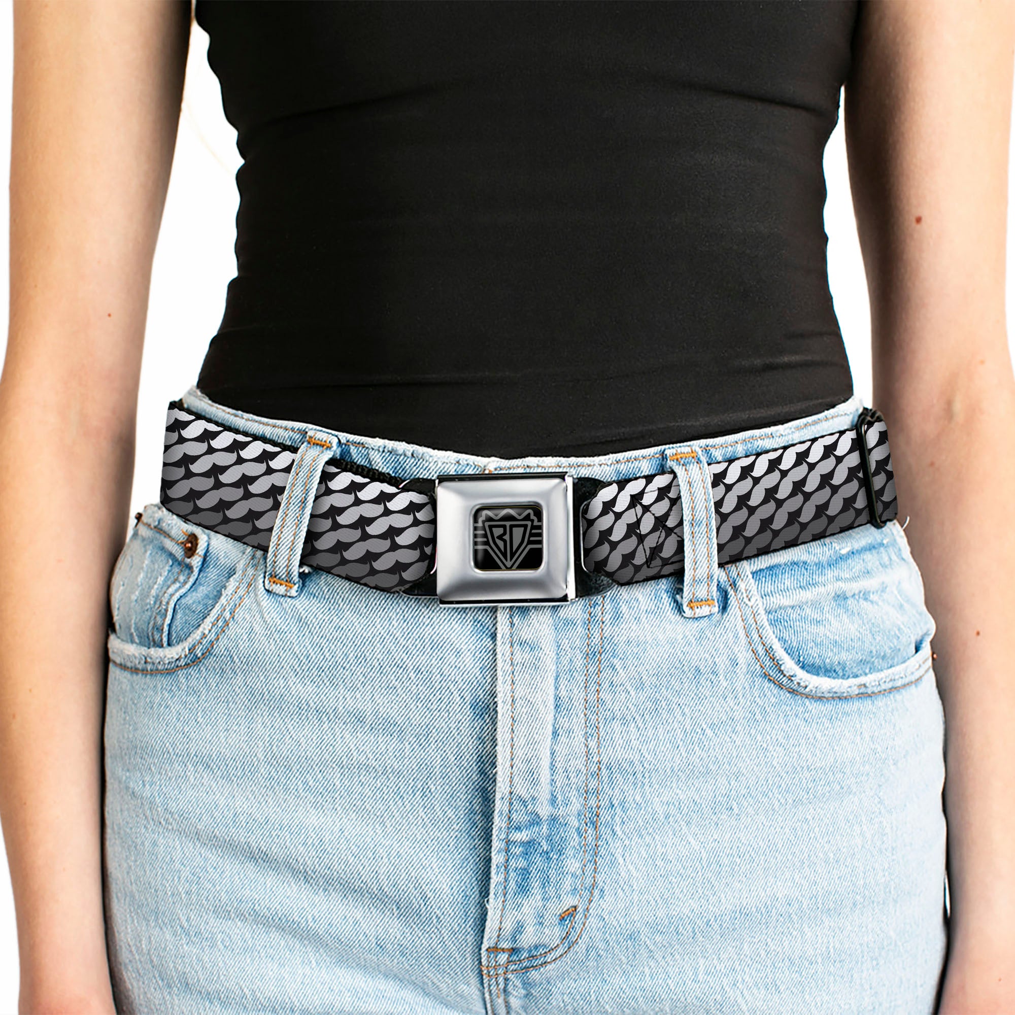 BD Wings Logo CLOSE-UP Full Color Black Silver Seatbelt Belt - Mustache Monogram Black/Grays Webbing Seatbelt Belts Buckle-Down
