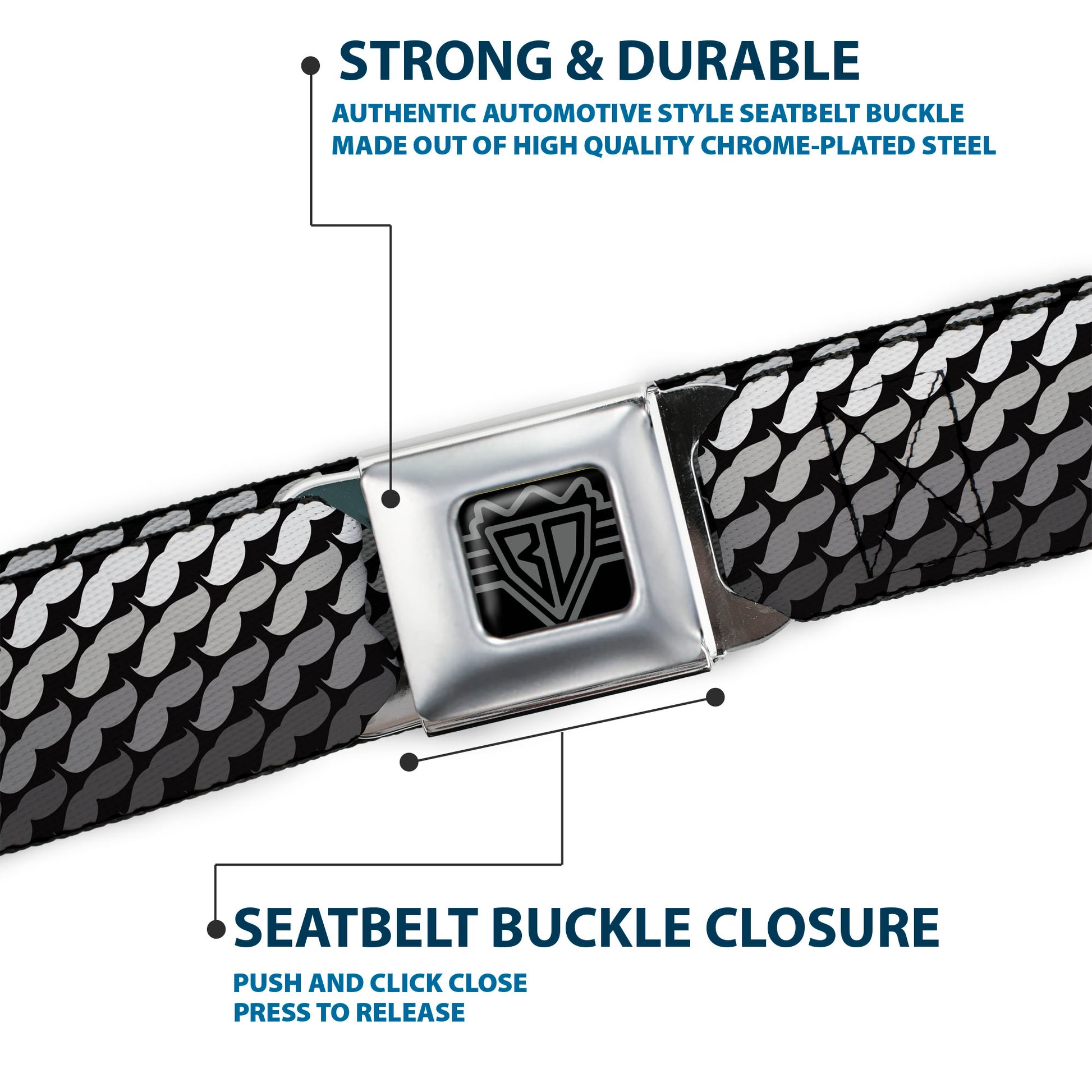 BD Wings Logo CLOSE-UP Full Color Black Silver Seatbelt Belt - Mustache Monogram Black/Grays Webbing Seatbelt Belts Buckle-Down
