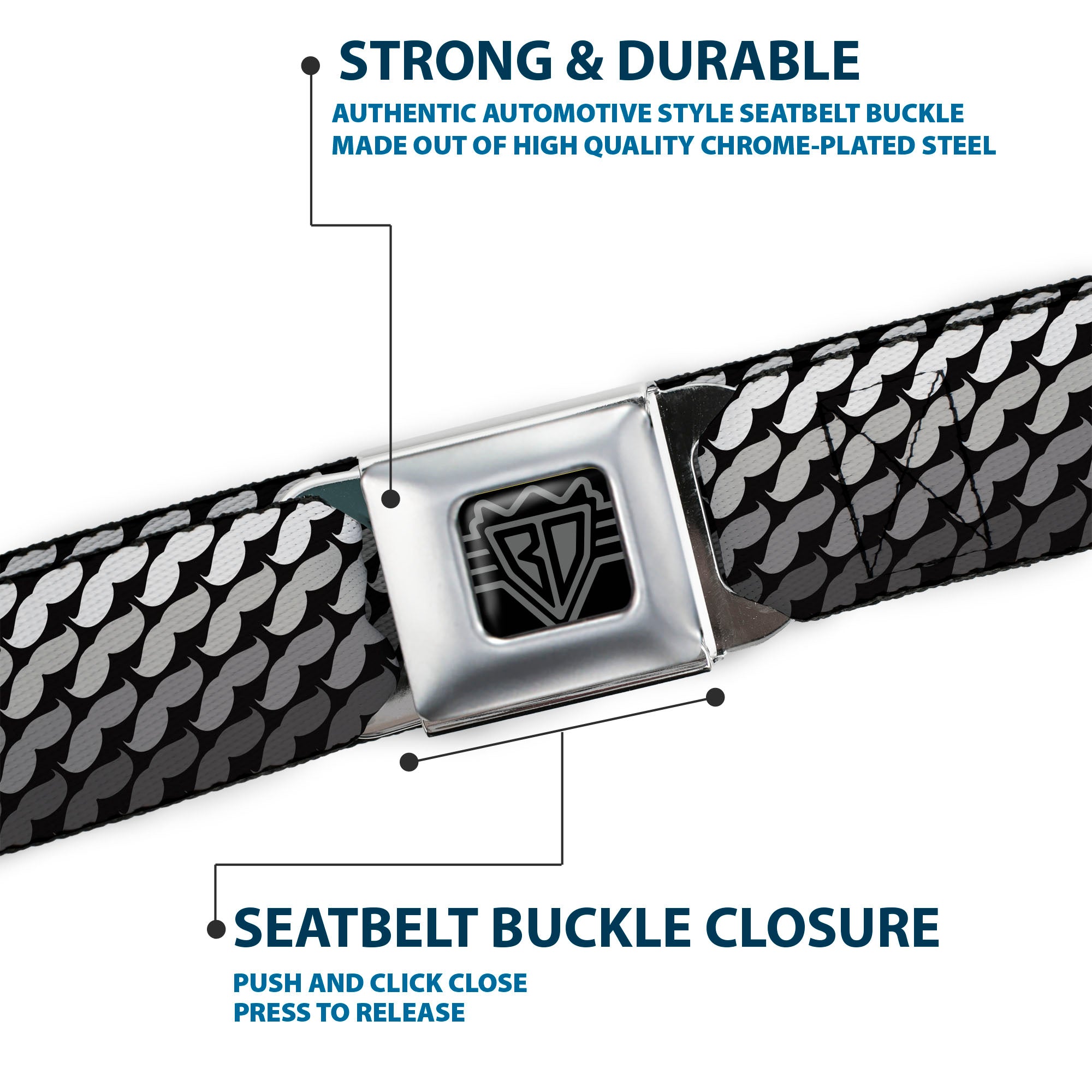 BD Wings Logo CLOSE-UP Full Color Black Silver Seatbelt Belt - Mustache Monogram Black/Grays Webbing Seatbelt Belts Buckle-Down