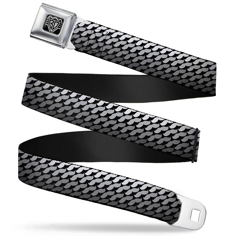 BD Wings Logo CLOSE-UP Full Color Black Silver Seatbelt Belt - Mustache Monogram Black/Grays Webbing Seatbelt Belts Buckle-Down