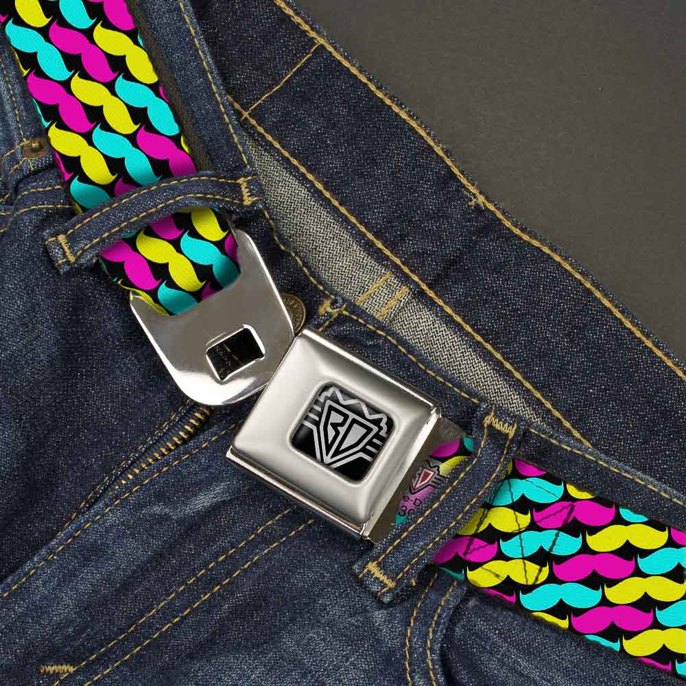 BD Wings Logo CLOSE-UP Full Color Black Silver Seatbelt Belt - Mustache Monogram Black/Fuchsia/Turquoise/Yellow Webbing Seatbelt Belts Buckle-Down