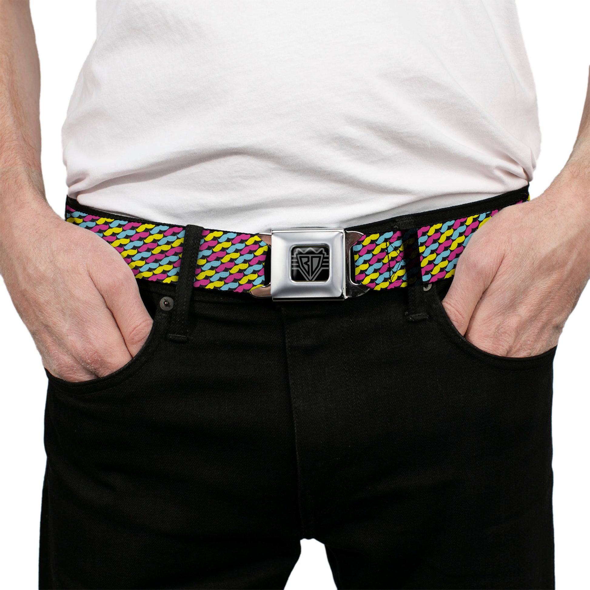 BD Wings Logo CLOSE-UP Full Color Black Silver Seatbelt Belt - Mustache Monogram Black/Fuchsia/Turquoise/Yellow Webbing Seatbelt Belts Buckle-Down