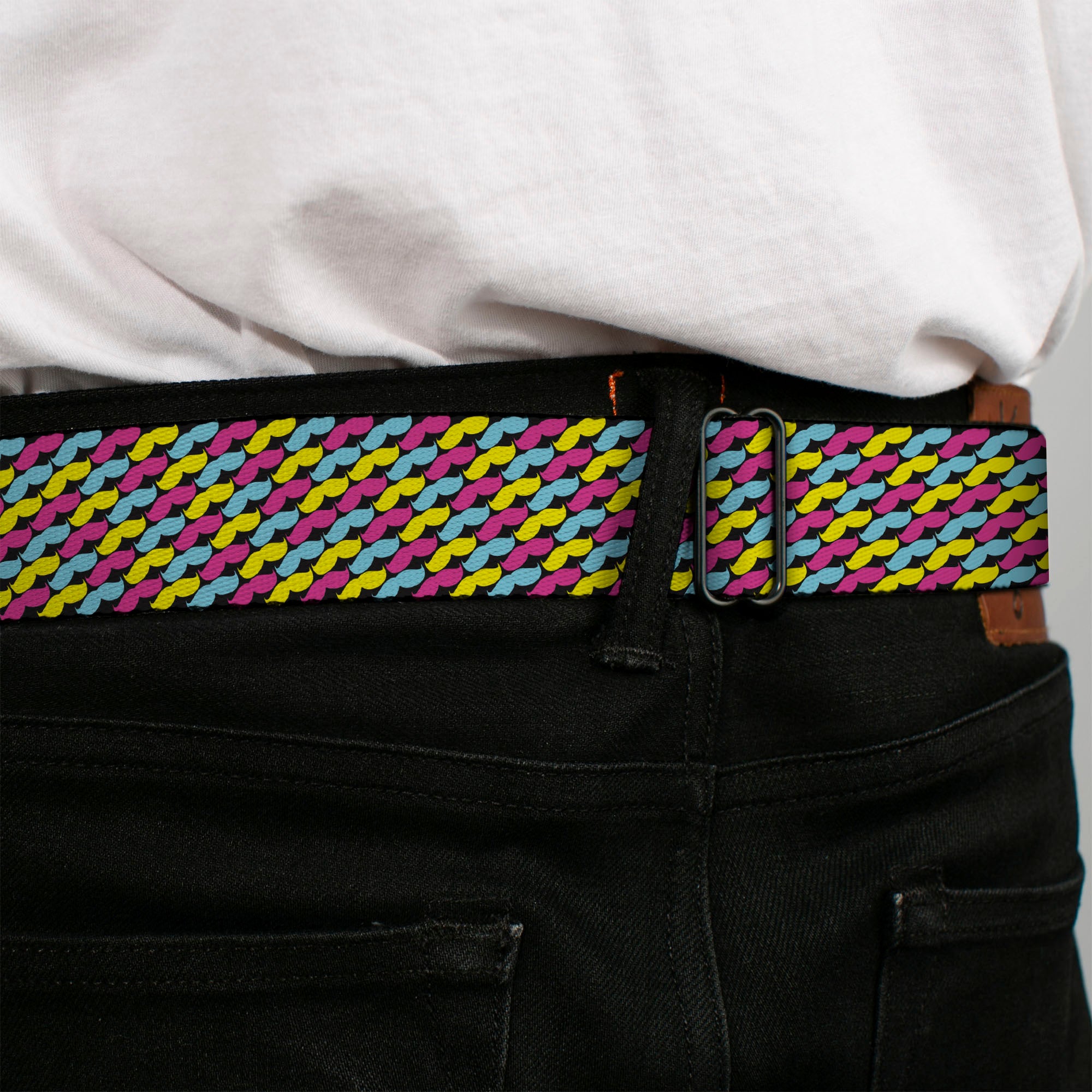 BD Wings Logo CLOSE-UP Full Color Black Silver Seatbelt Belt - Mustache Monogram Black/Fuchsia/Turquoise/Yellow Webbing Seatbelt Belts Buckle-Down