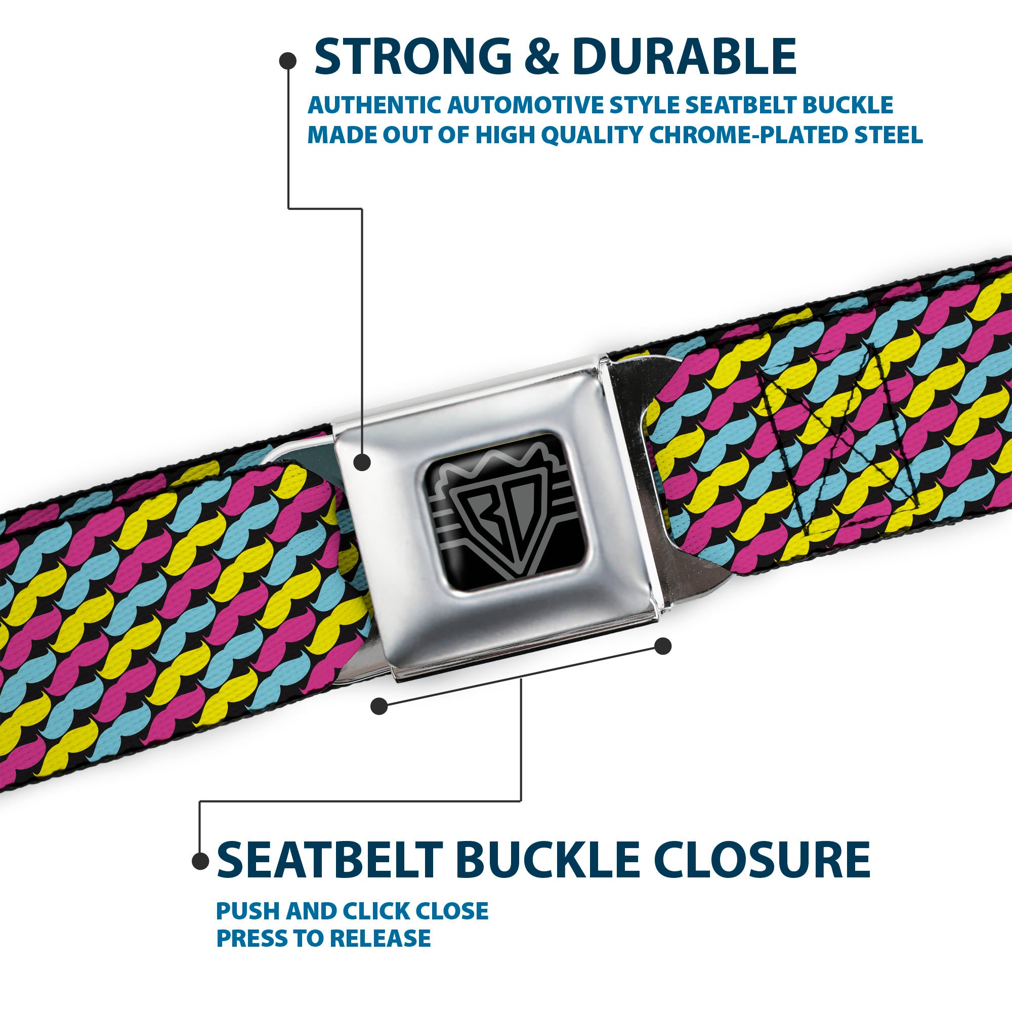 BD Wings Logo CLOSE-UP Full Color Black Silver Seatbelt Belt - Mustache Monogram Black/Fuchsia/Turquoise/Yellow Webbing Seatbelt Belts Buckle-Down